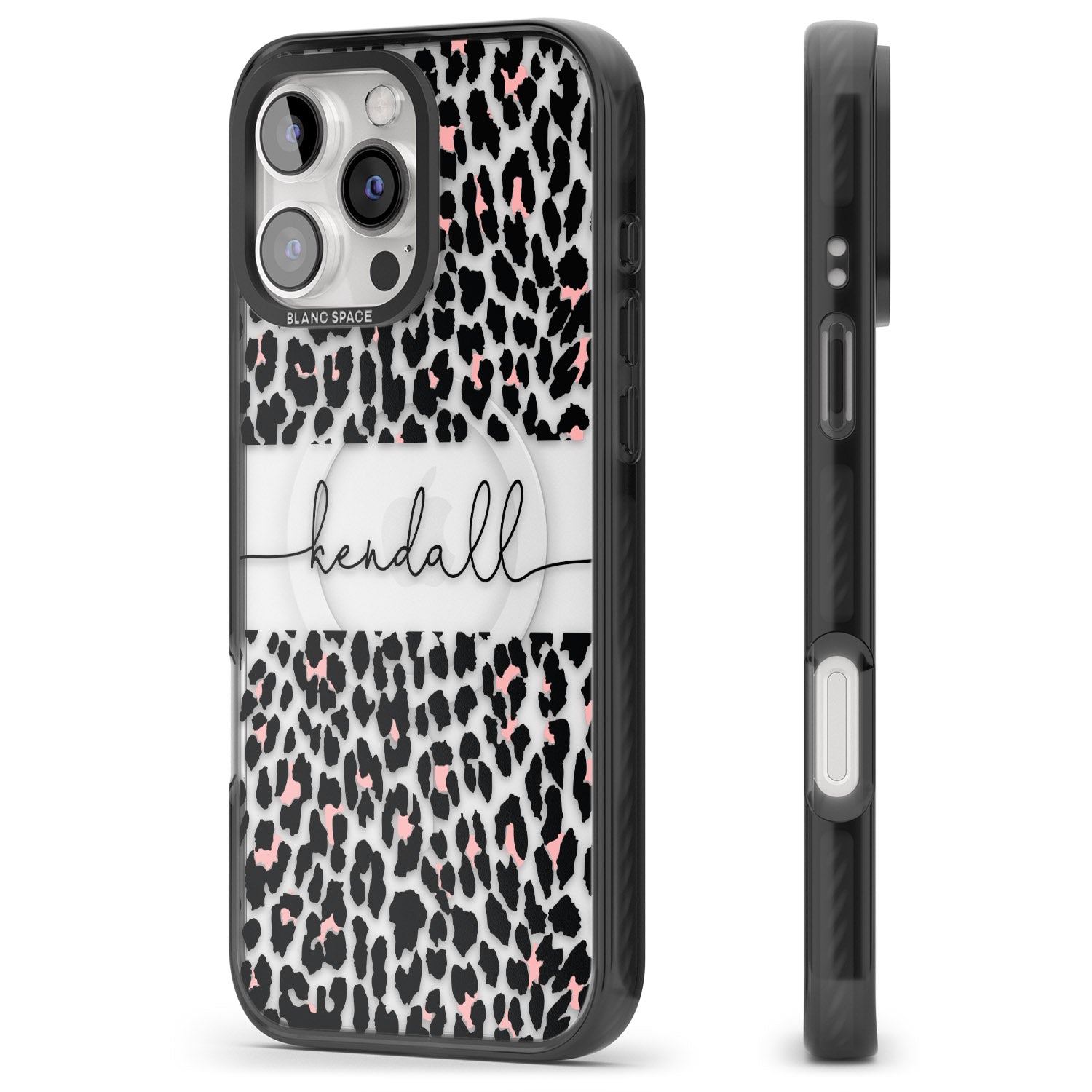 iPhone 16 Pro Max Personalised Pink & Cursive Leopard Spots Black Impact Phone Case