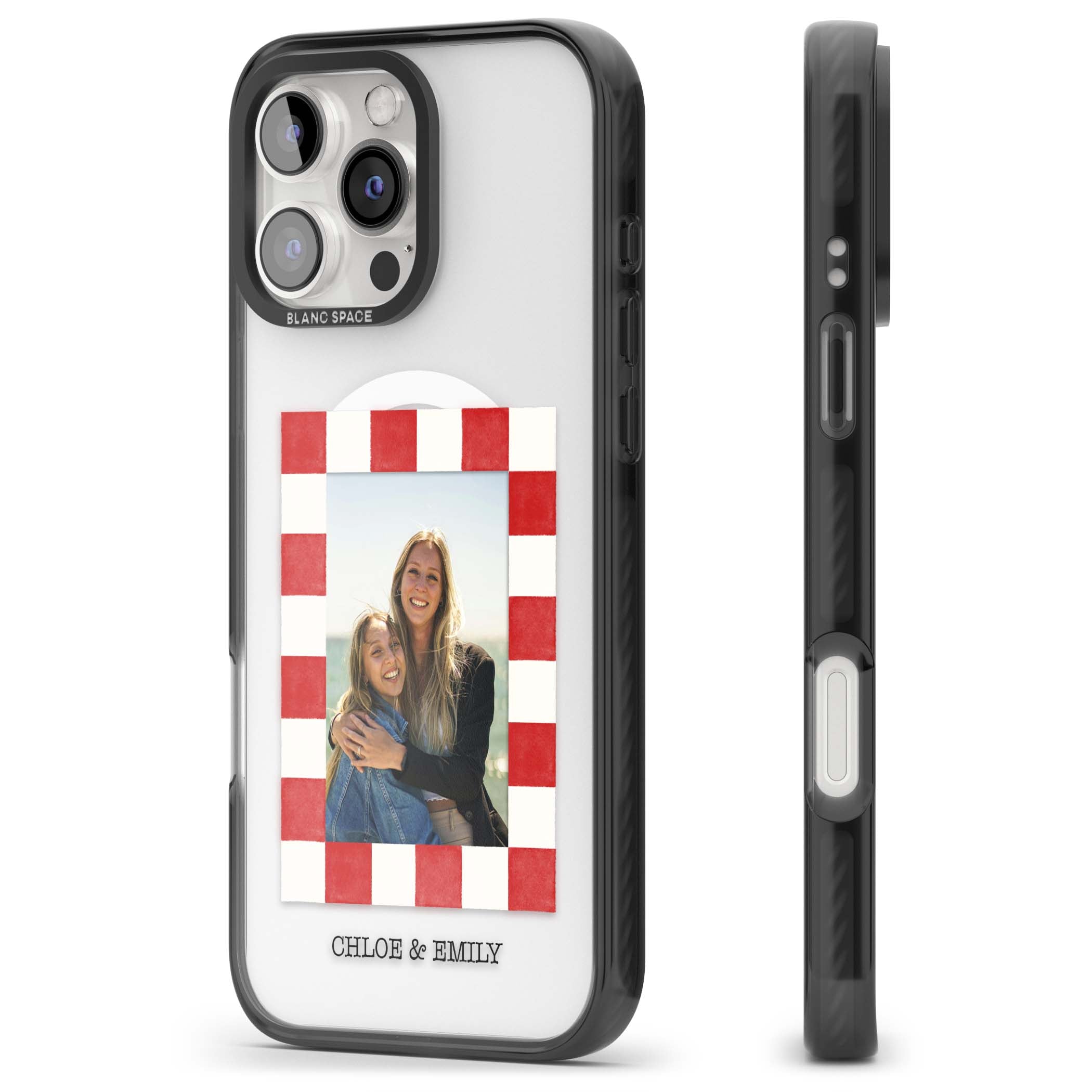 Red Check Photo personalised photo iPhone case with red and white checkered polaroid frame and custom couple name | Black Impact Magsafe case for iPhone 16 Pro, iPhone 16 Pro Max
