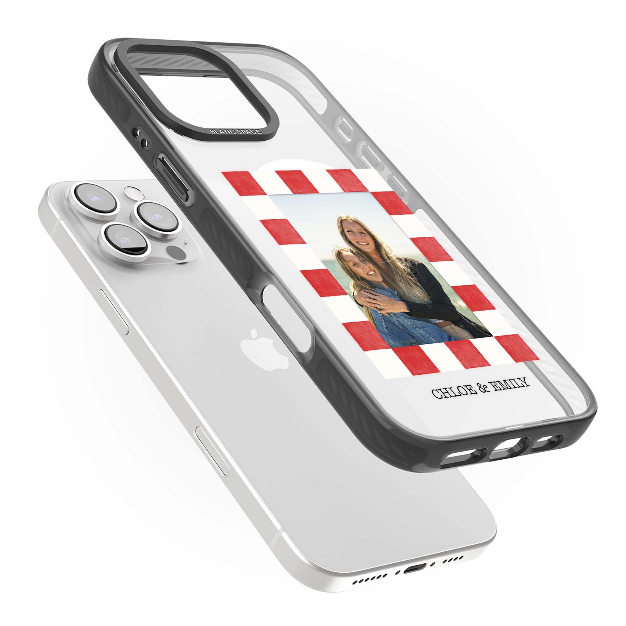 Red Check Photo personalised photo iPhone case with red and white checkered polaroid frame and custom couple name | Black Impact Magsafe case for iPhone 16 Pro, iPhone 16 Pro Max