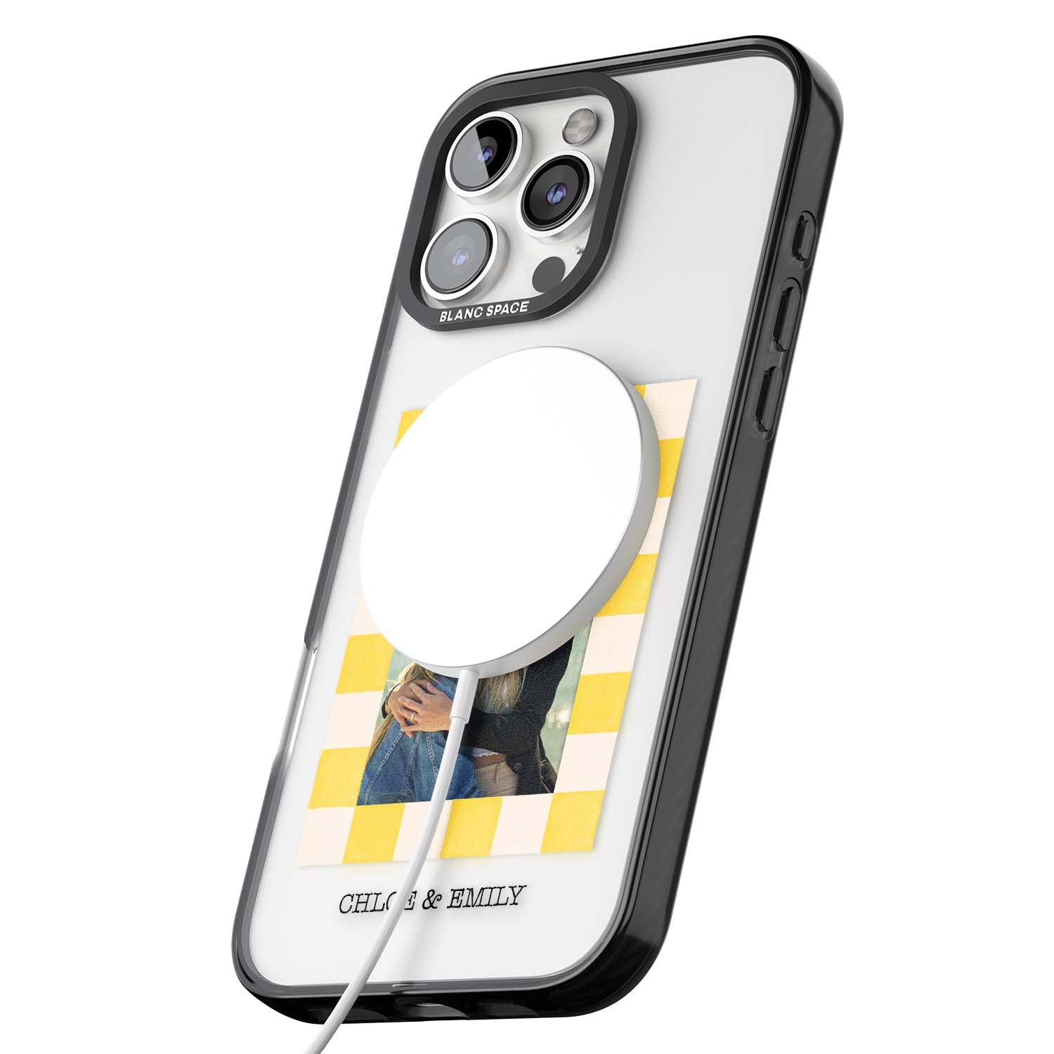Yellow Check Photo personalised iPhone case with yellow checkered Polaroid frame and custom names beneath | Black Impact Magsafe case for iPhone 16 Pro, iPhone 16 Pro Max