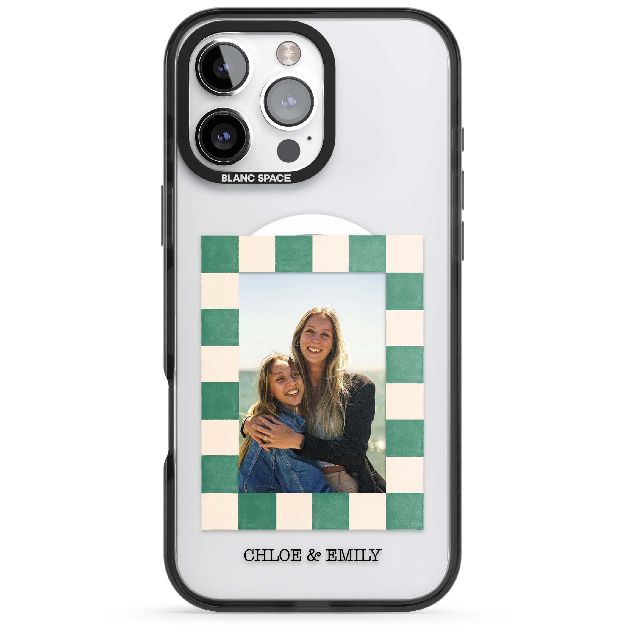 Seafoam Check Photo personalised iPhone case featuring a custom polaroid photo, green and cream checkered frame, and custom n | Black Impact Magsafe case for iPhone 16 Pro, iPhone 16 Pro Max