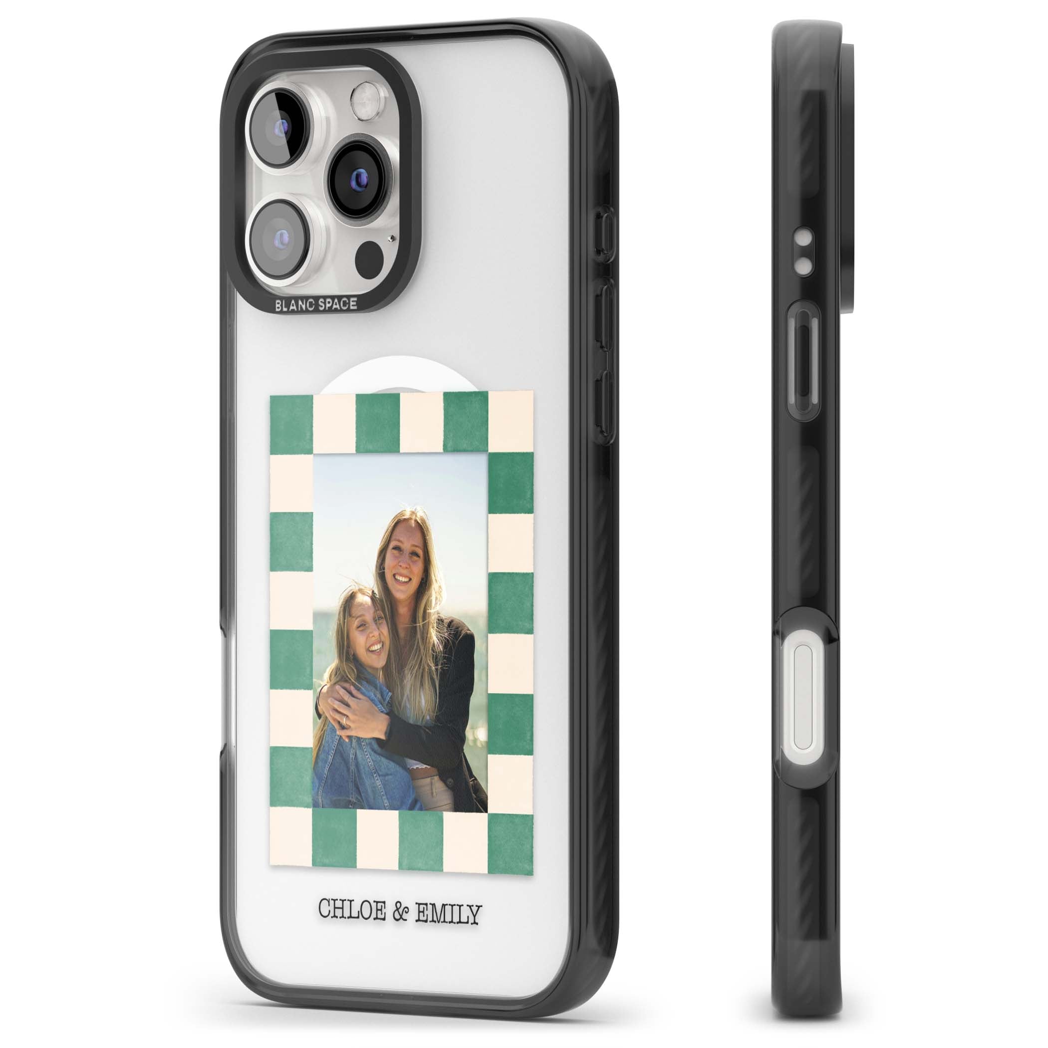 Seafoam Check Photo personalised iPhone case featuring a custom polaroid photo, green and cream checkered frame, and custom n | Black Impact Magsafe case for iPhone 16 Pro, iPhone 16 Pro Max