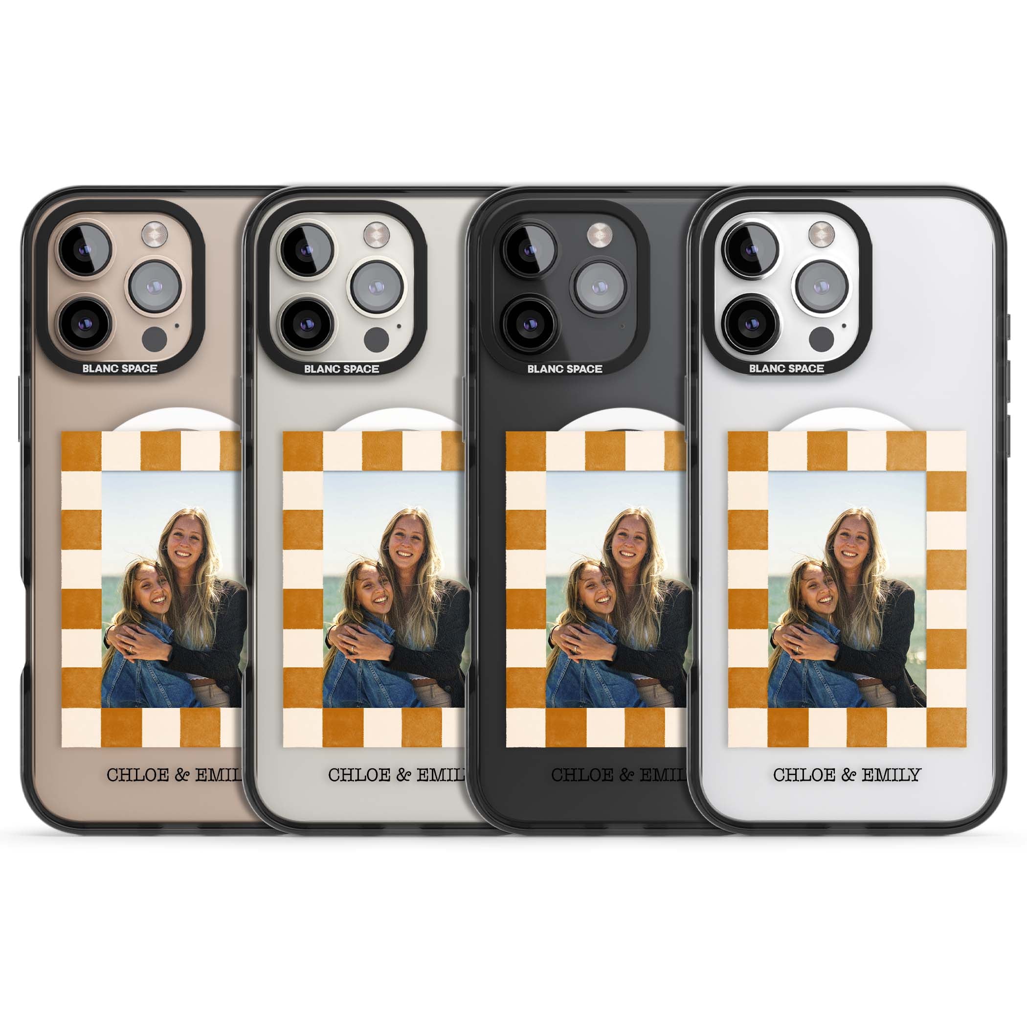 Citrus Check Photo personalised iPhone case with custom photo, orange checkered frame and names underneath | Black Impact Magsafe case for iPhone 16 Pro, iPhone 16 Pro Max