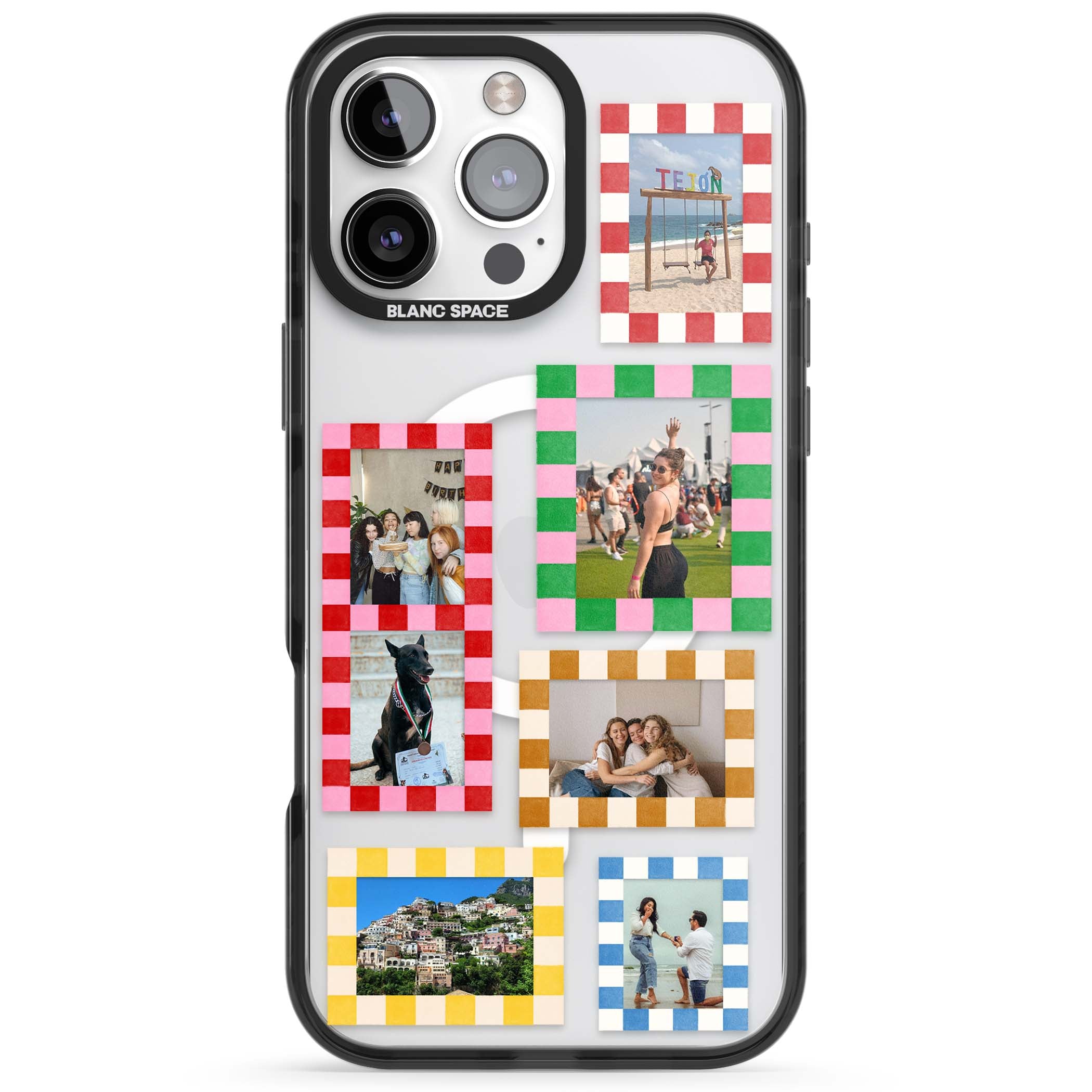 Italian Check Frames custom photo collage iPhone case featuring six checkered photo frames in red, green, pink and | Black Impact Magsafe case for iPhone 16 Pro, iPhone 16 Pro Max