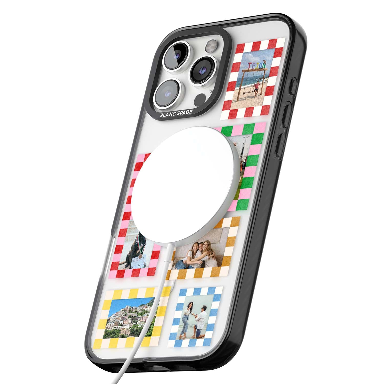 Italian Check Frames custom photo collage iPhone case featuring six checkered photo frames in red, green, pink and | Black Impact Magsafe case for iPhone 16 Pro, iPhone 16 Pro Max
