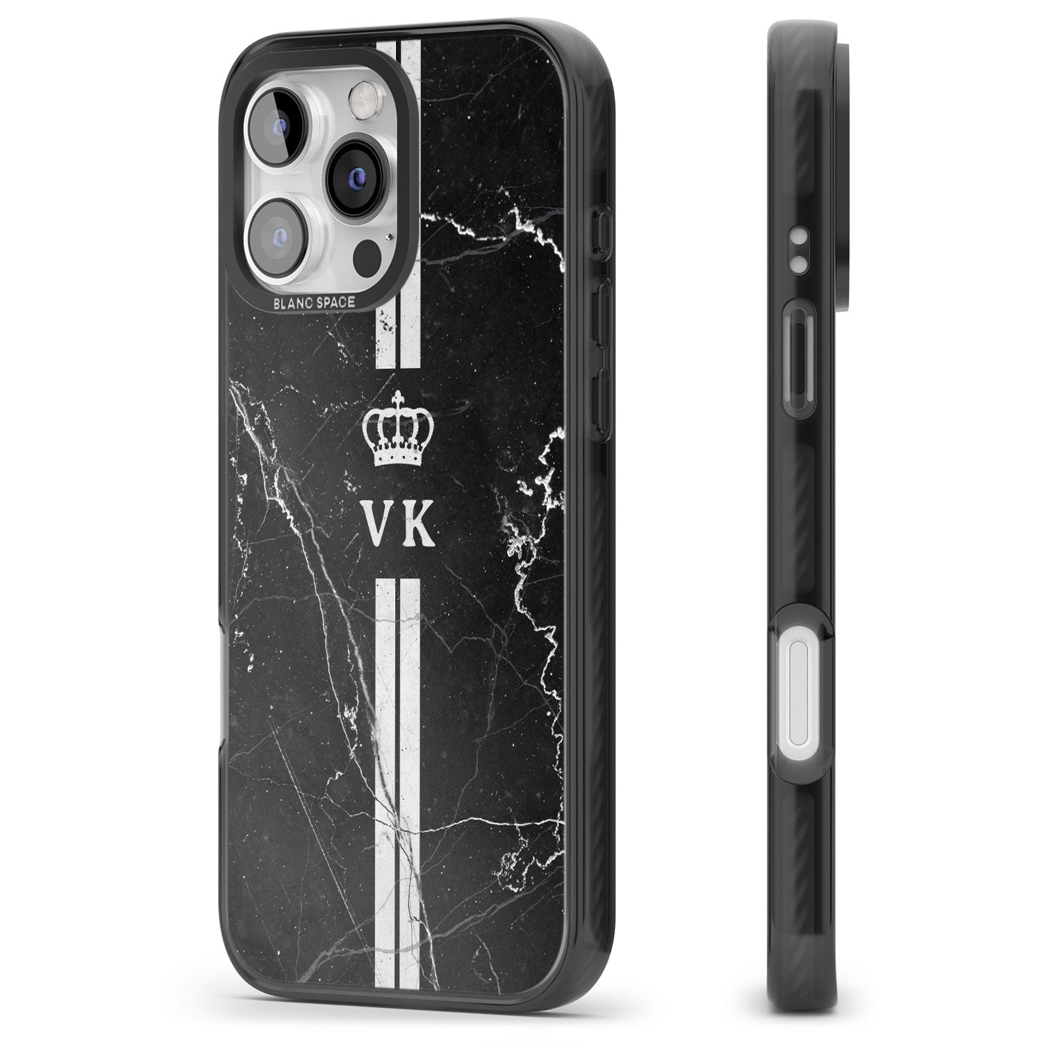 iPhone 16 Pro Max Personalised Stripes + Initials with Crown on Black Marble Black Impact Phone Case