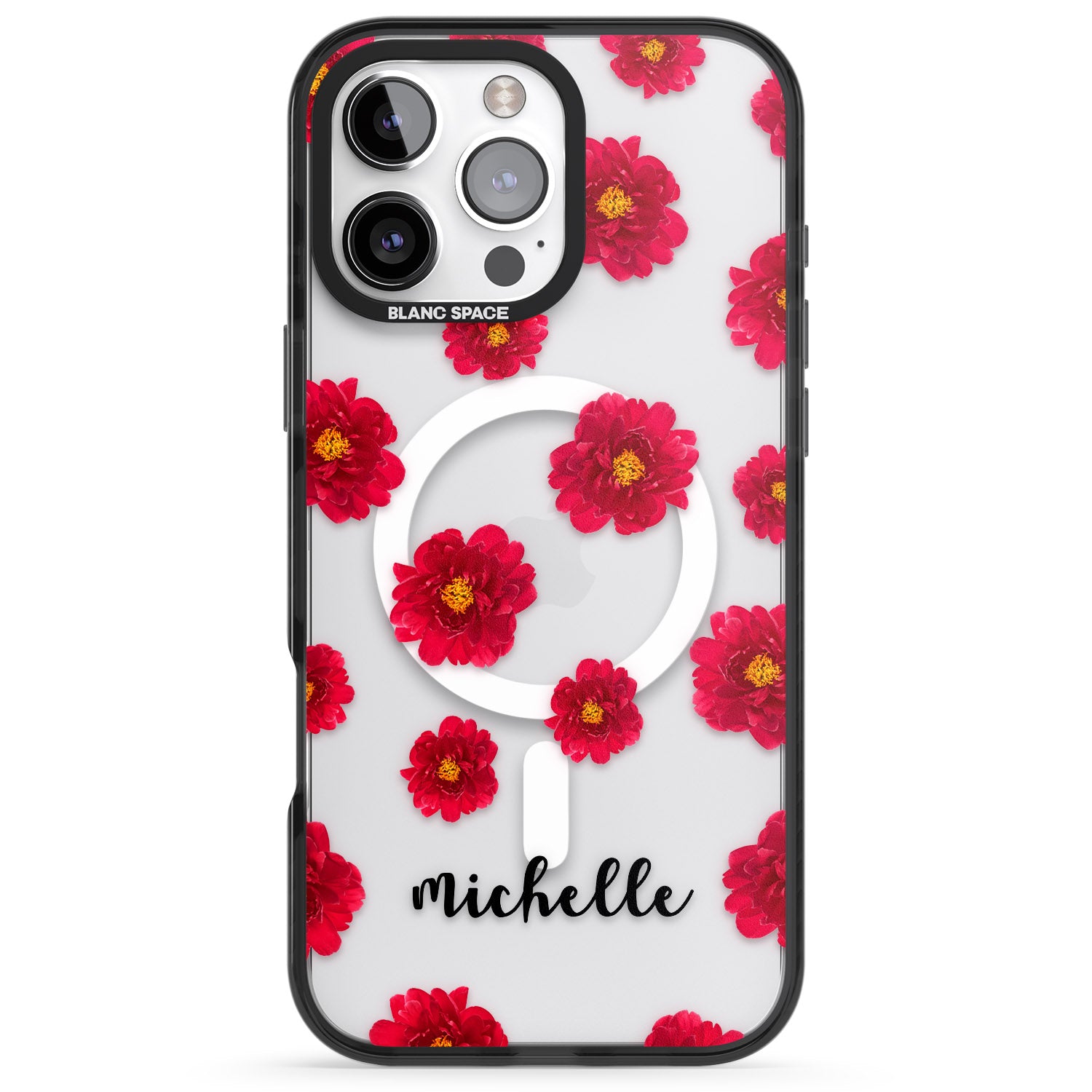 iPhone 16 Pro Max Personalised Red Peonies & Cursive Black Impact Phone Case