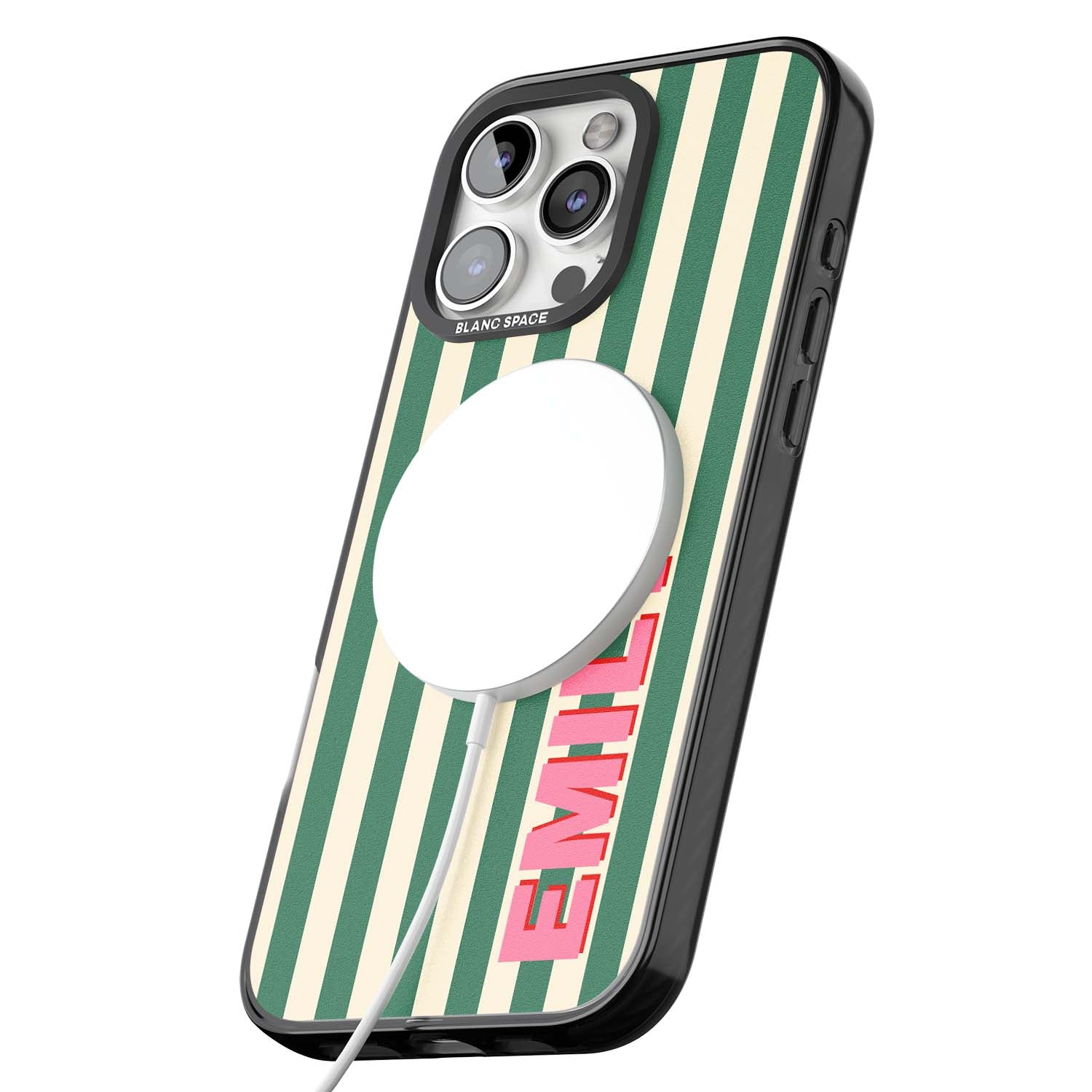 Wimbledon Stripe preppy iPhone case featuring green and cream vertical stripes with a personalised pink name | Black Impact Magsafe case for iPhone 16 Pro, iPhone 16 Pro Max