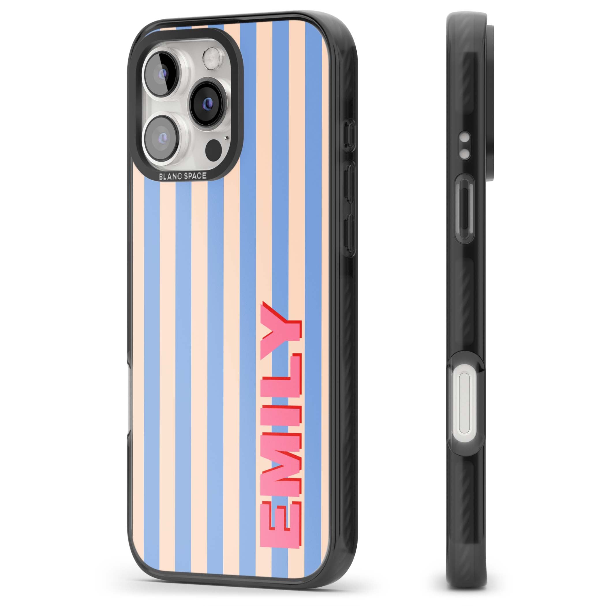 Coastal Stripe personalised coastal iPhone case with blue and peach vertical stripes and custom pink name | Black Impact Magsafe case for iPhone 16 Pro, iPhone 16 Pro Max