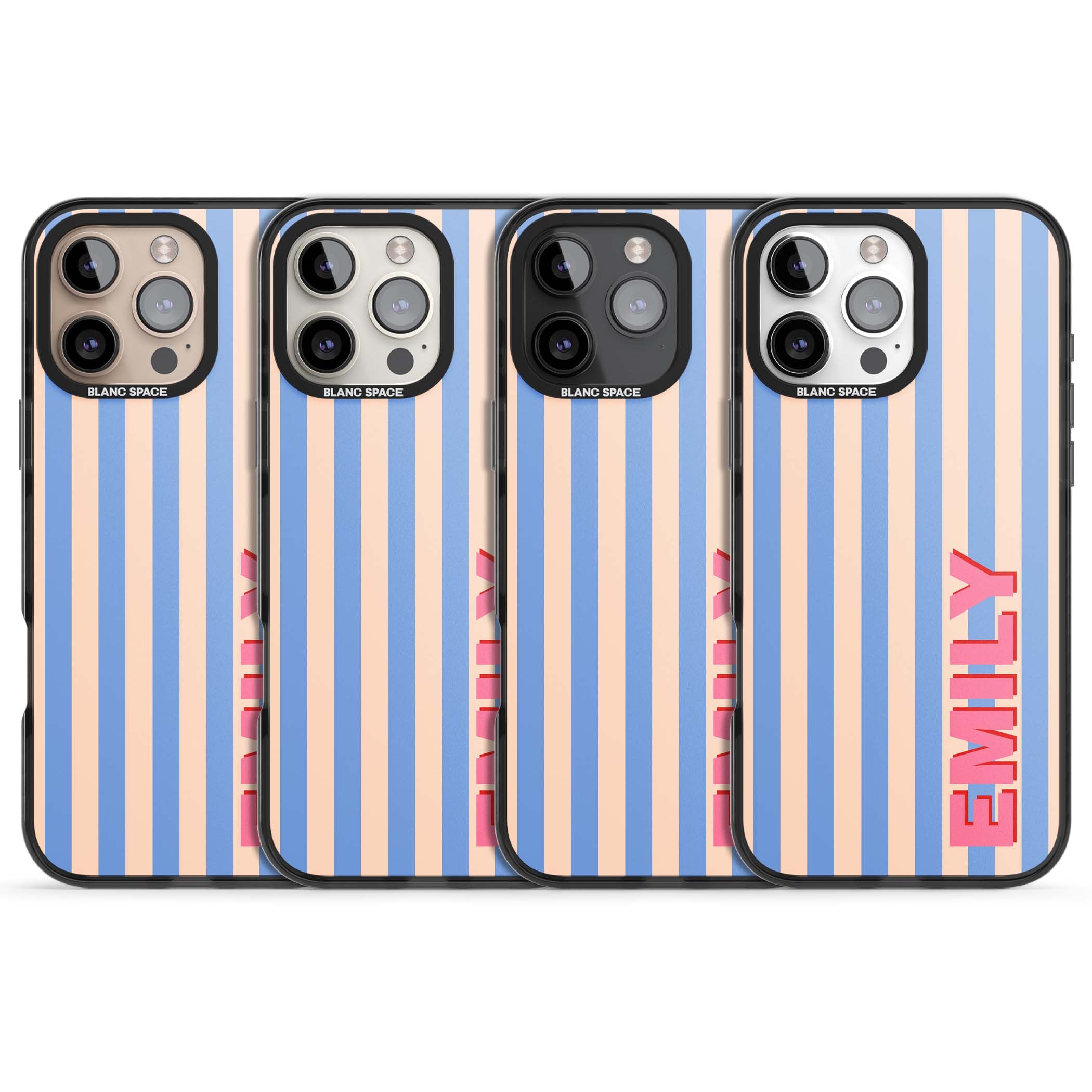 Coastal Stripe personalised coastal iPhone case with blue and peach vertical stripes and custom pink name | Black Impact Magsafe case for iPhone 16 Pro, iPhone 16 Pro Max