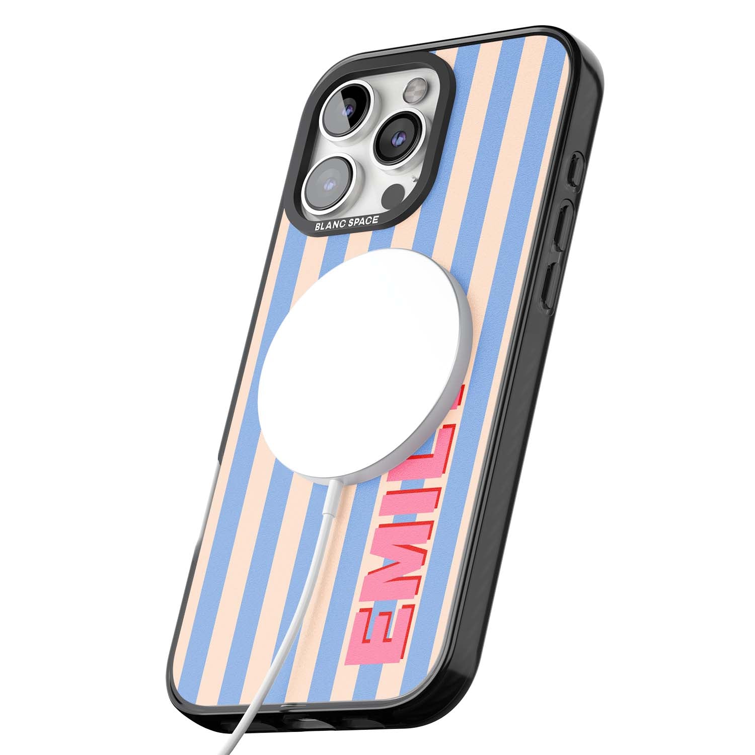 Coastal Stripe personalised coastal iPhone case with blue and peach vertical stripes and custom pink name | Black Impact Magsafe case for iPhone 16 Pro, iPhone 16 Pro Max