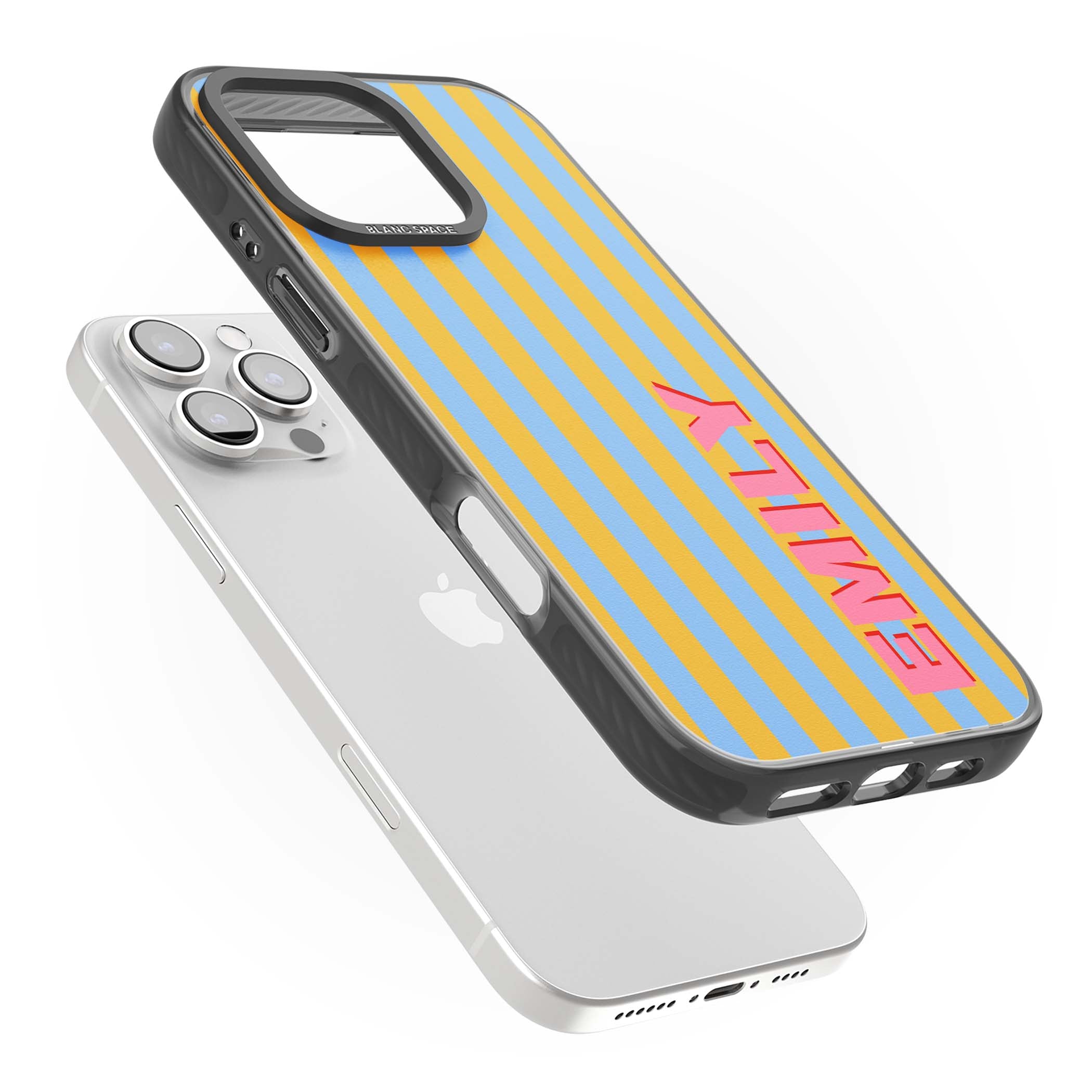 Carribean Stripe personalised coastal iPhone case with yellow and blue vertical stripes and a custom pink name | Black Impact Magsafe case for iPhone 16 Pro, iPhone 16 Pro Max