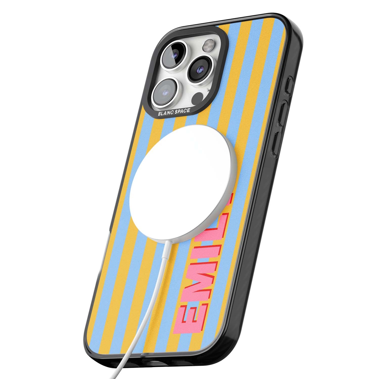 Carribean Stripe personalised coastal iPhone case with yellow and blue vertical stripes and a custom pink name | Black Impact Magsafe case for iPhone 16 Pro, iPhone 16 Pro Max