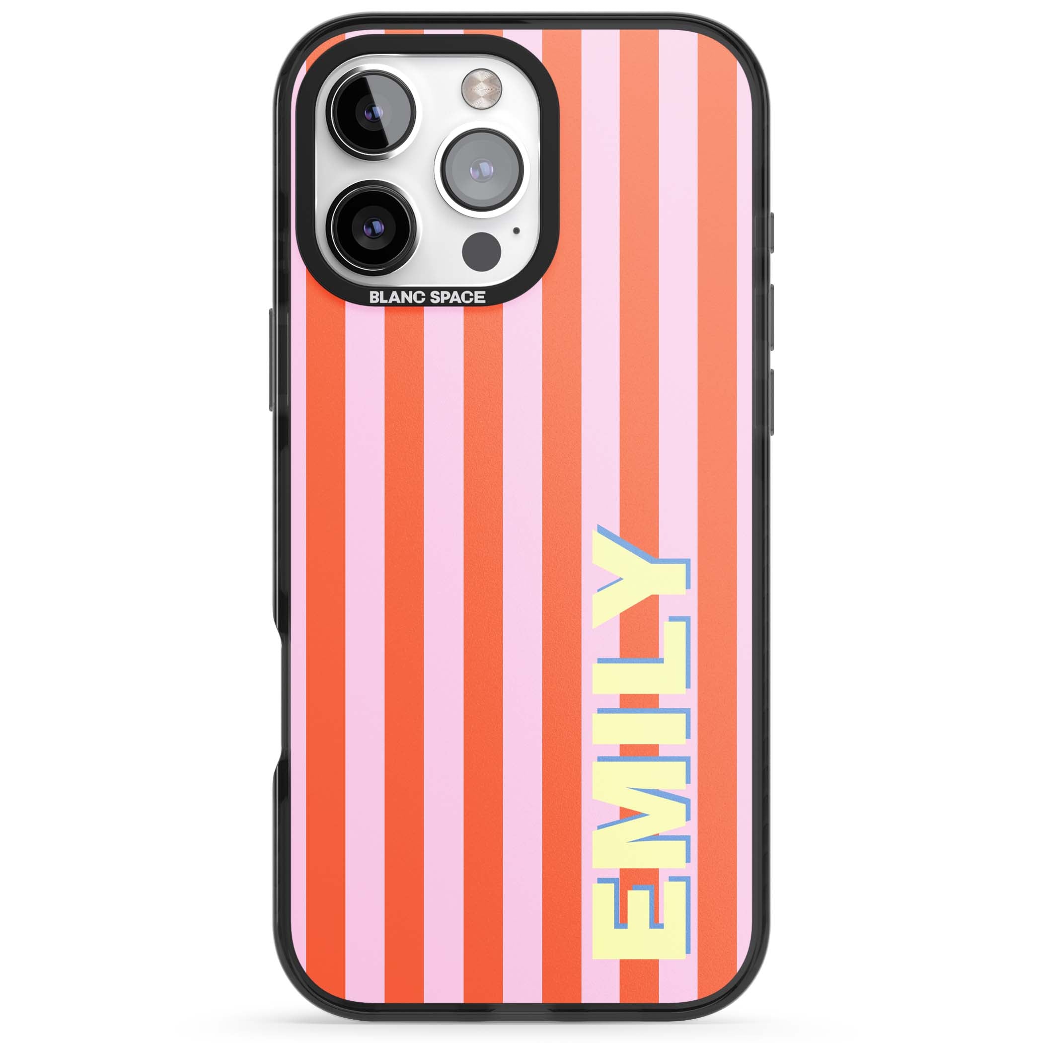 Havana Stripe personalised iPhone case featuring pink and orange vertical stripes with a custom yellow name | Black Impact Magsafe case for iPhone 16 Pro, iPhone 16 Pro Max