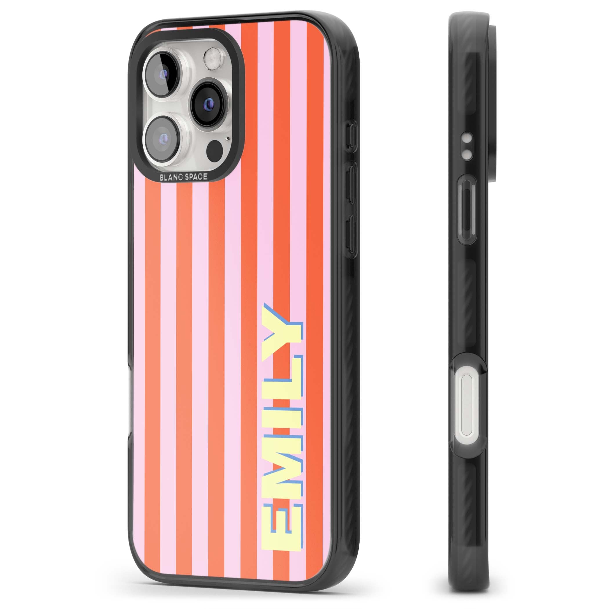 Havana Stripe personalised iPhone case featuring pink and orange vertical stripes with a custom yellow name | Black Impact Magsafe case for iPhone 16 Pro, iPhone 16 Pro Max