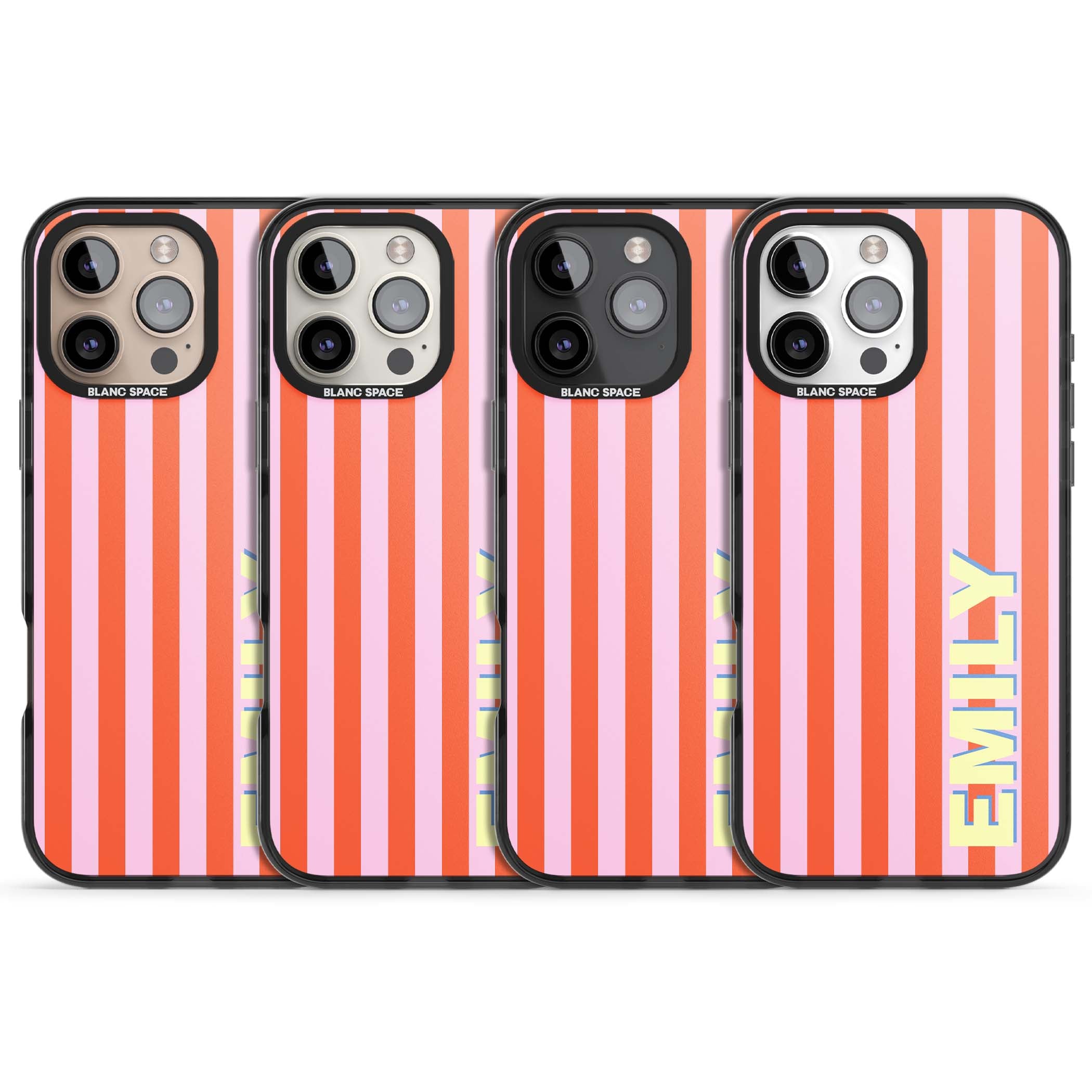 Havana Stripe personalised iPhone case featuring pink and orange vertical stripes with a custom yellow name | Black Impact Magsafe case for iPhone 16 Pro, iPhone 16 Pro Max