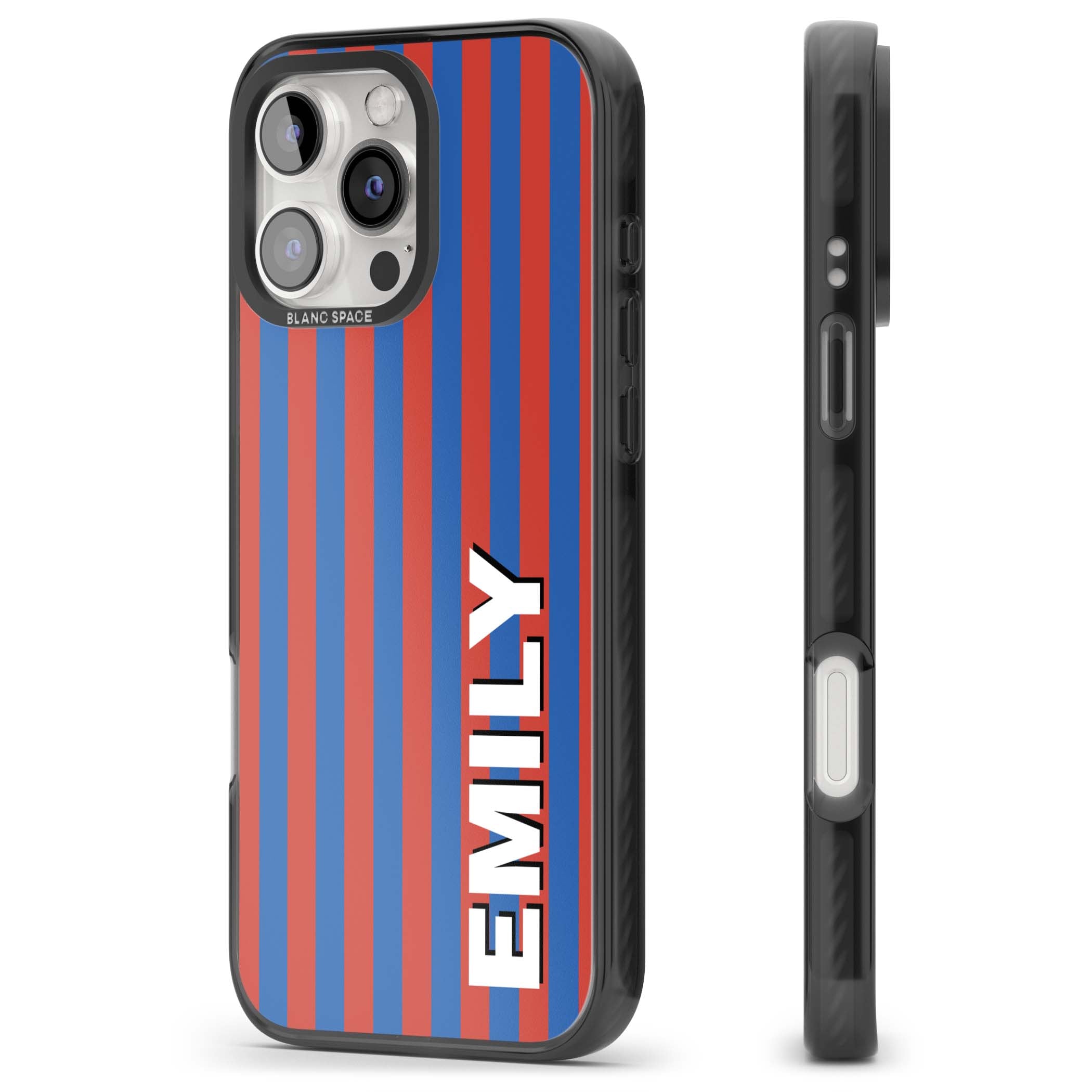 Cuban Stripe personalised iPhone case featuring red and blue vertical stripes with custom name in bold white letters | Black Impact Magsafe case for iPhone 16 Pro, iPhone 16 Pro Max