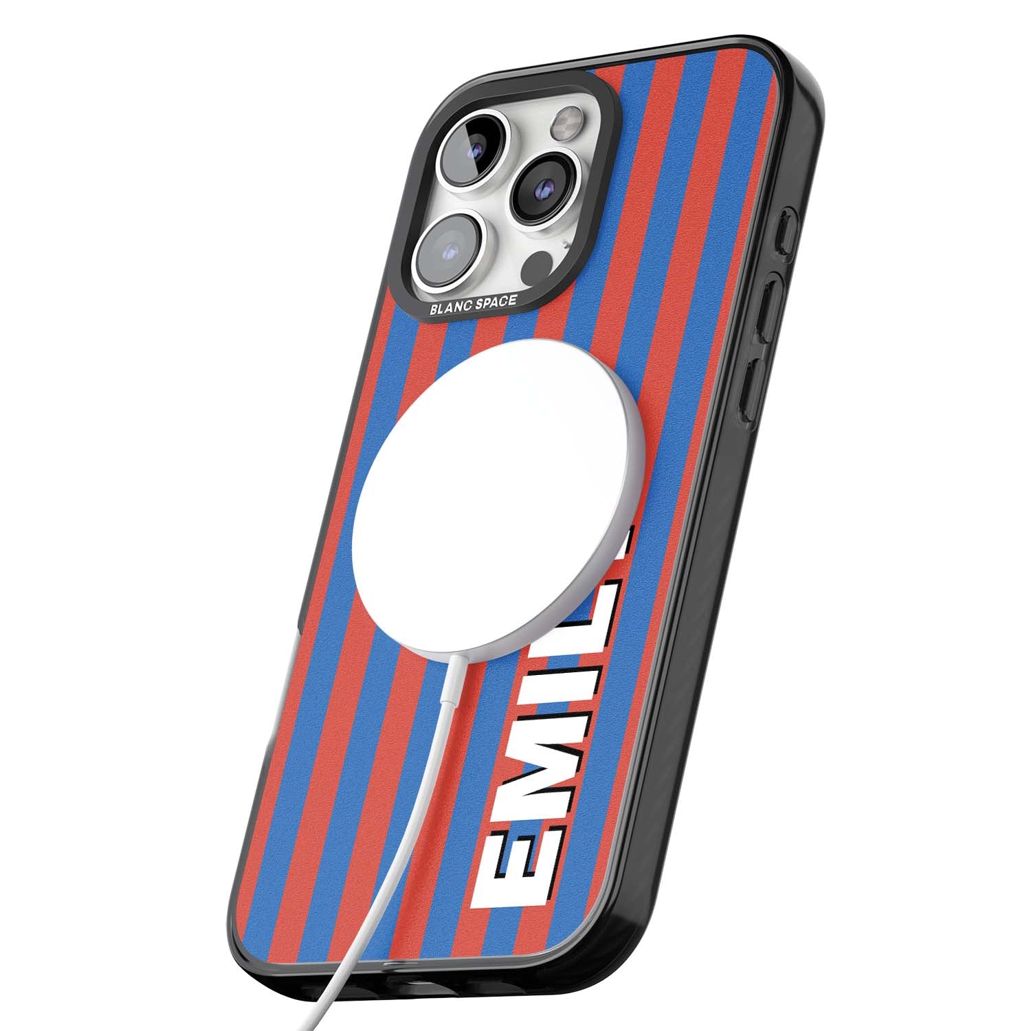 Cuban Stripe personalised iPhone case featuring red and blue vertical stripes with custom name in bold white letters | Black Impact Magsafe case for iPhone 16 Pro, iPhone 16 Pro Max