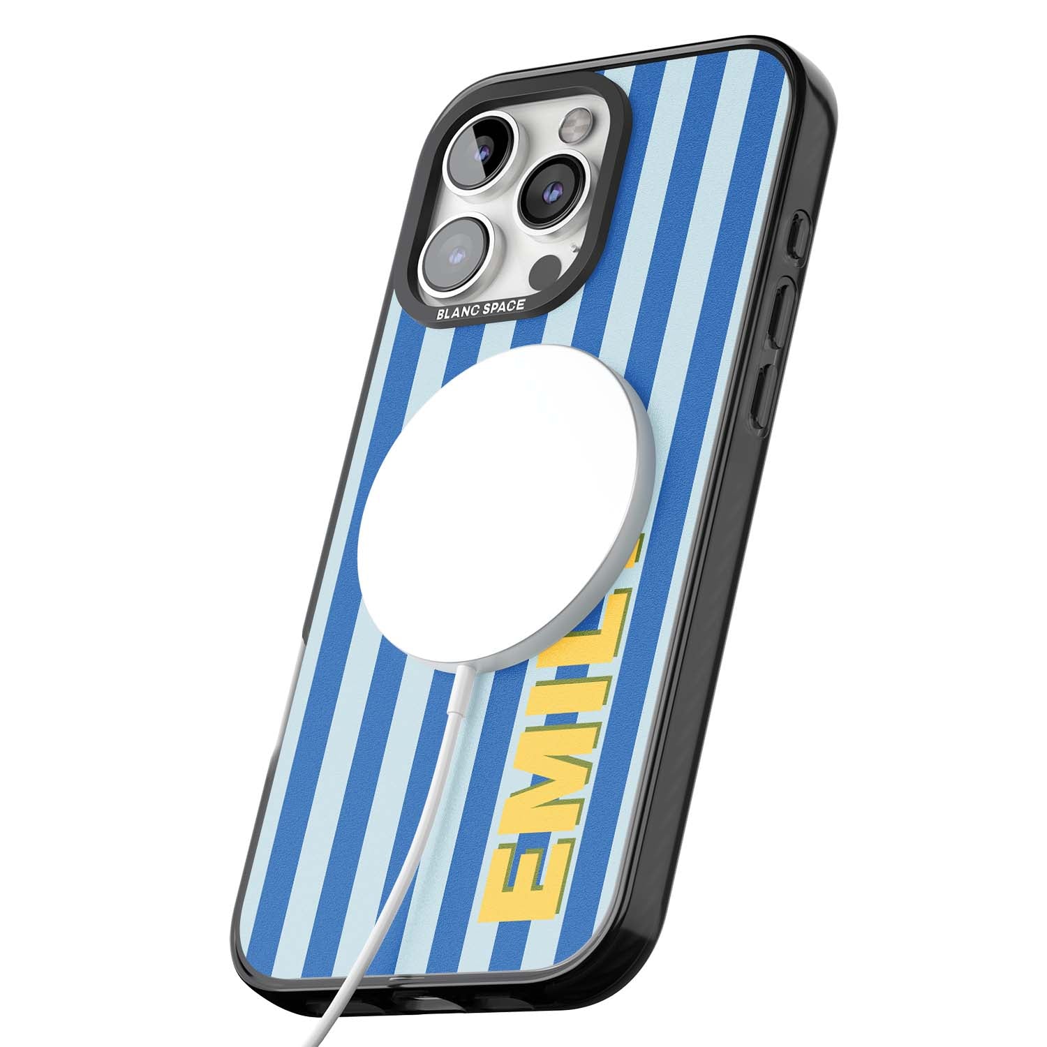 Athenian Stripe personalised preppy iPhone case featuring blue vertical stripes and a custom yellow name | Black Impact Magsafe case for iPhone 16 Pro, iPhone 16 Pro Max