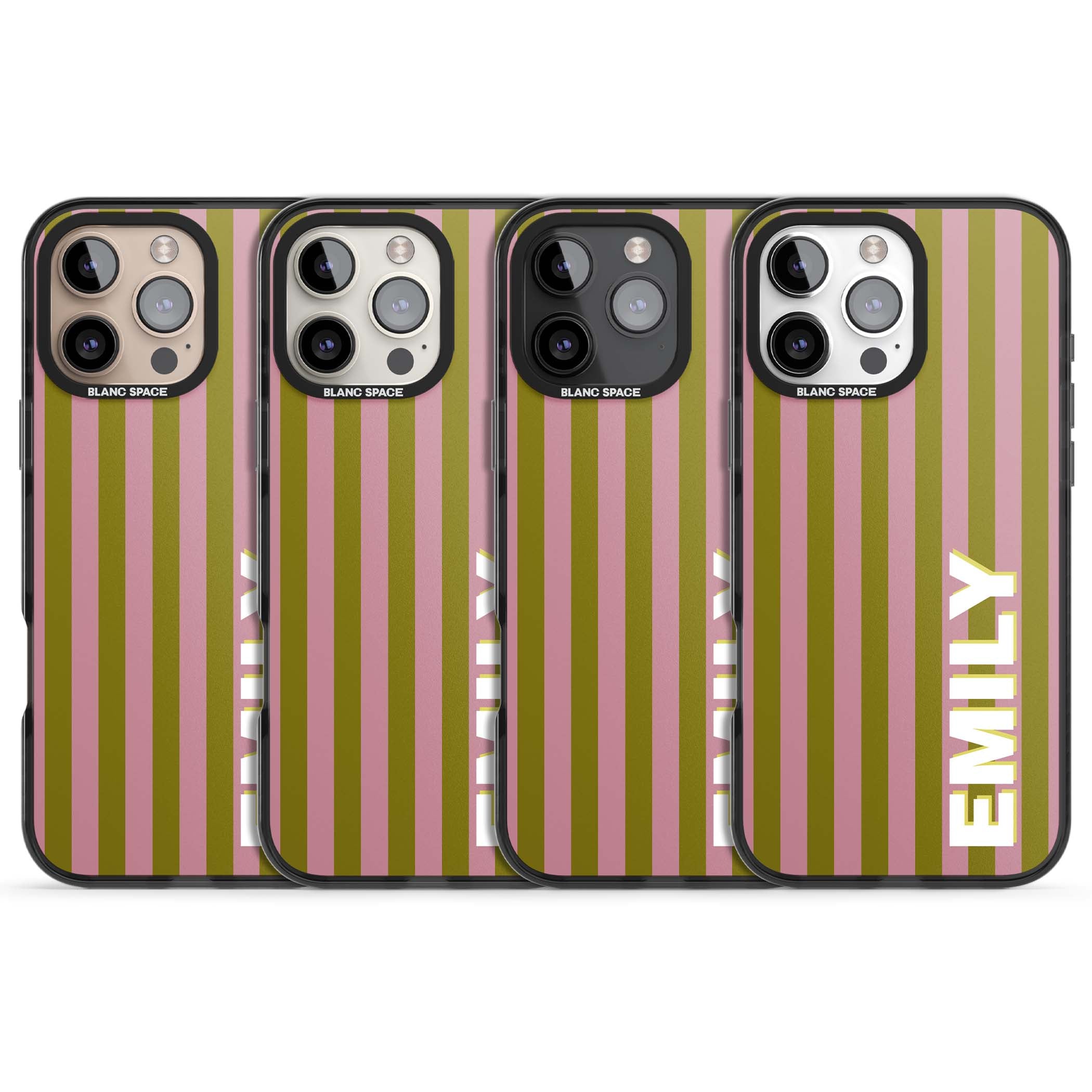 Istanbul Stripe personalised iPhone case featuring pink and olive green vertical stripes with a custom vertical name | Black Impact Magsafe case for iPhone 16 Pro, iPhone 16 Pro Max