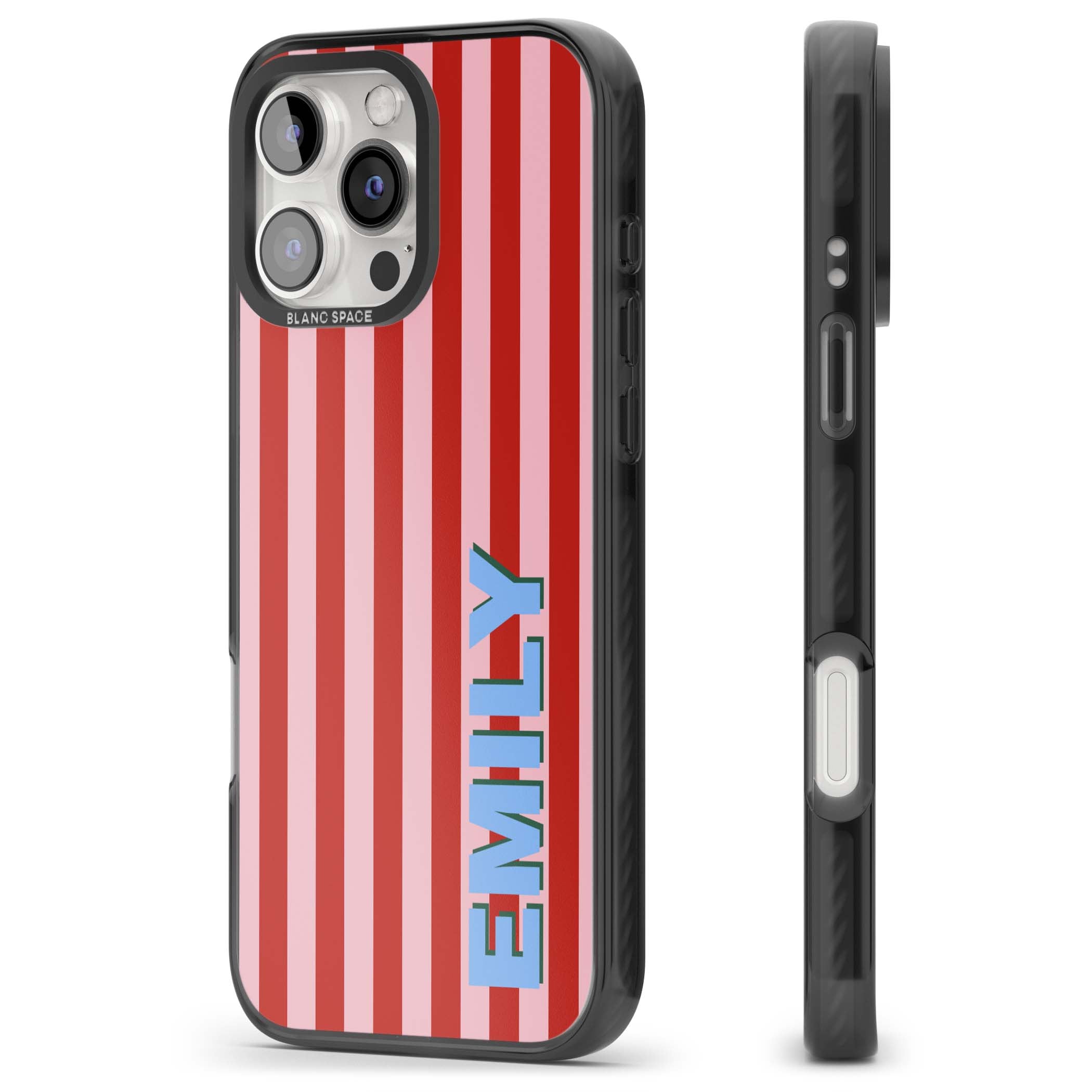 Market Stripe personalised iPhone case with red and pink vertical stripes and custom blue name | Black Impact Magsafe case for iPhone 16 Pro, iPhone 16 Pro Max