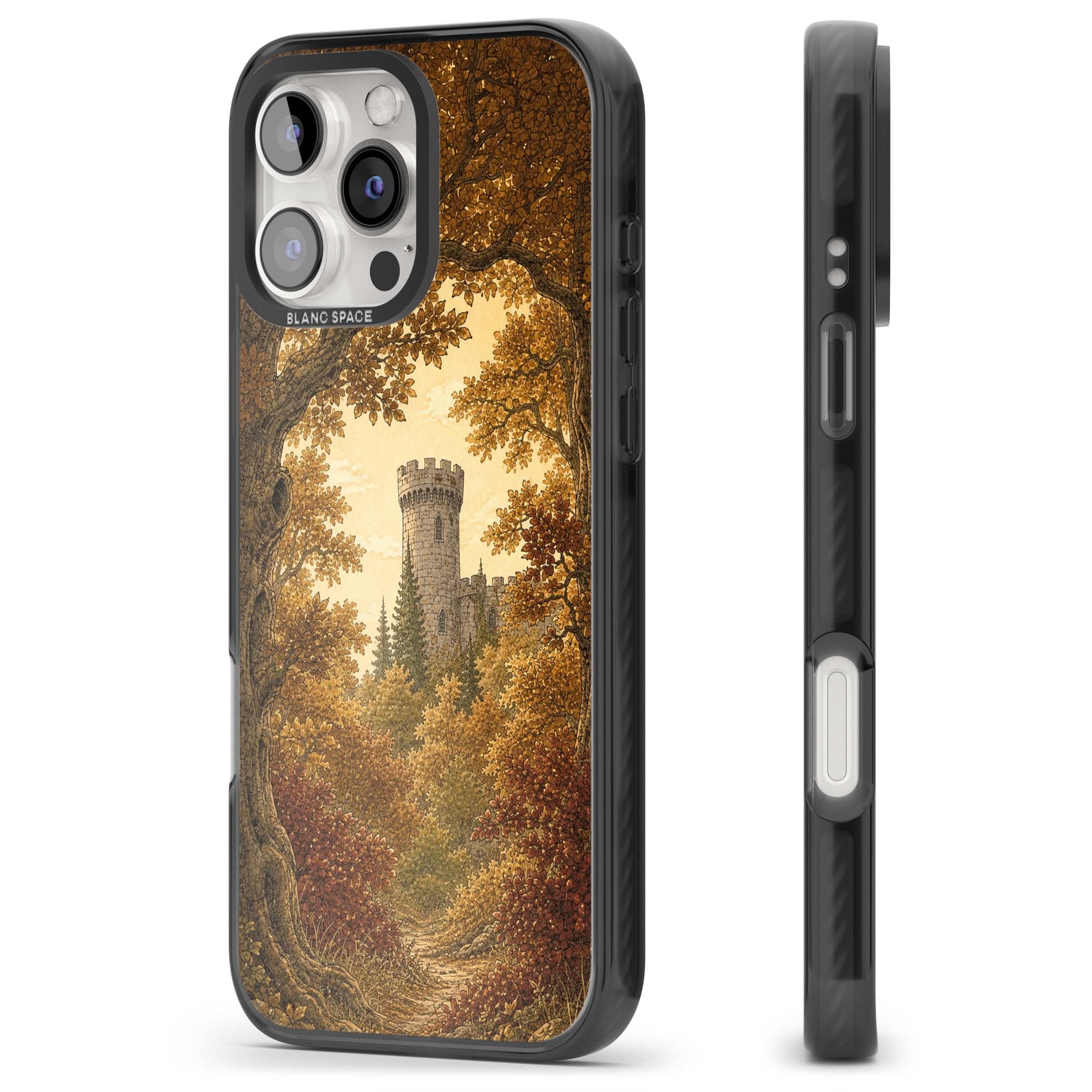 Autumn Keep cottagecore iPhone case featuring a medieval castle tower framed by golden autumn trees and woodland foliage | Black Impact Magsafe case for iPhone 16 Pro, iPhone 16 Pro Max
