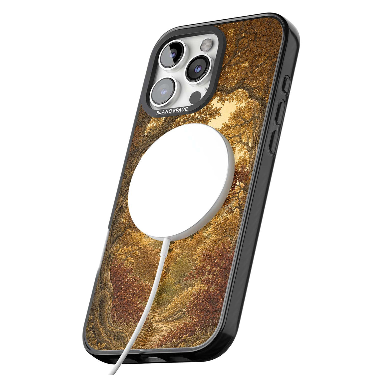 Autumn Keep cottagecore iPhone case featuring a medieval castle tower framed by golden autumn trees and woodland foliage | Black Impact Magsafe case for iPhone 16 Pro, iPhone 16 Pro Max