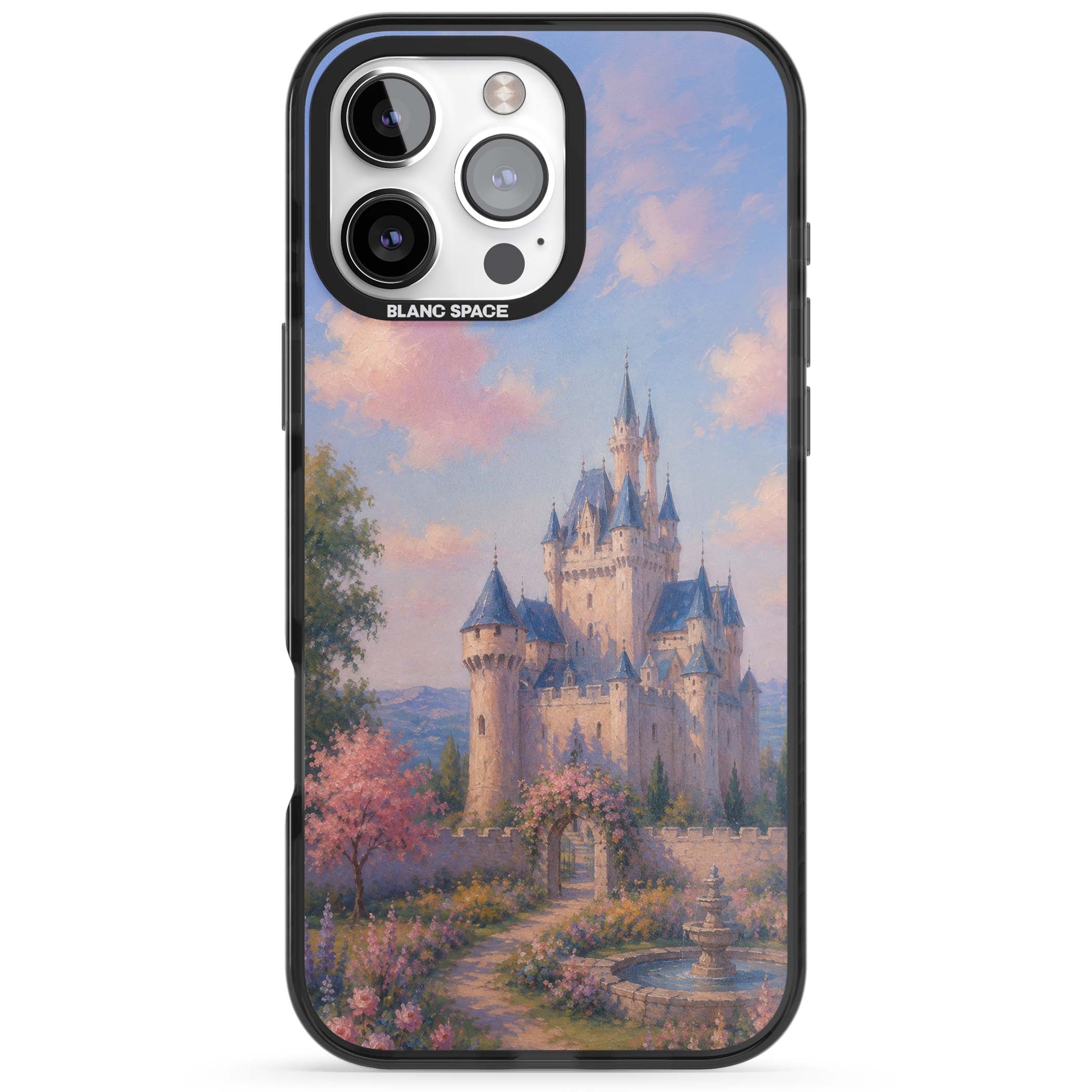 Enchanted Kingdom fairytale iPhone case featuring a romantic castle painting with cherry blossoms and pastel pink sky | Black Impact Magsafe case for iPhone 16 Pro, iPhone 16 Pro Max