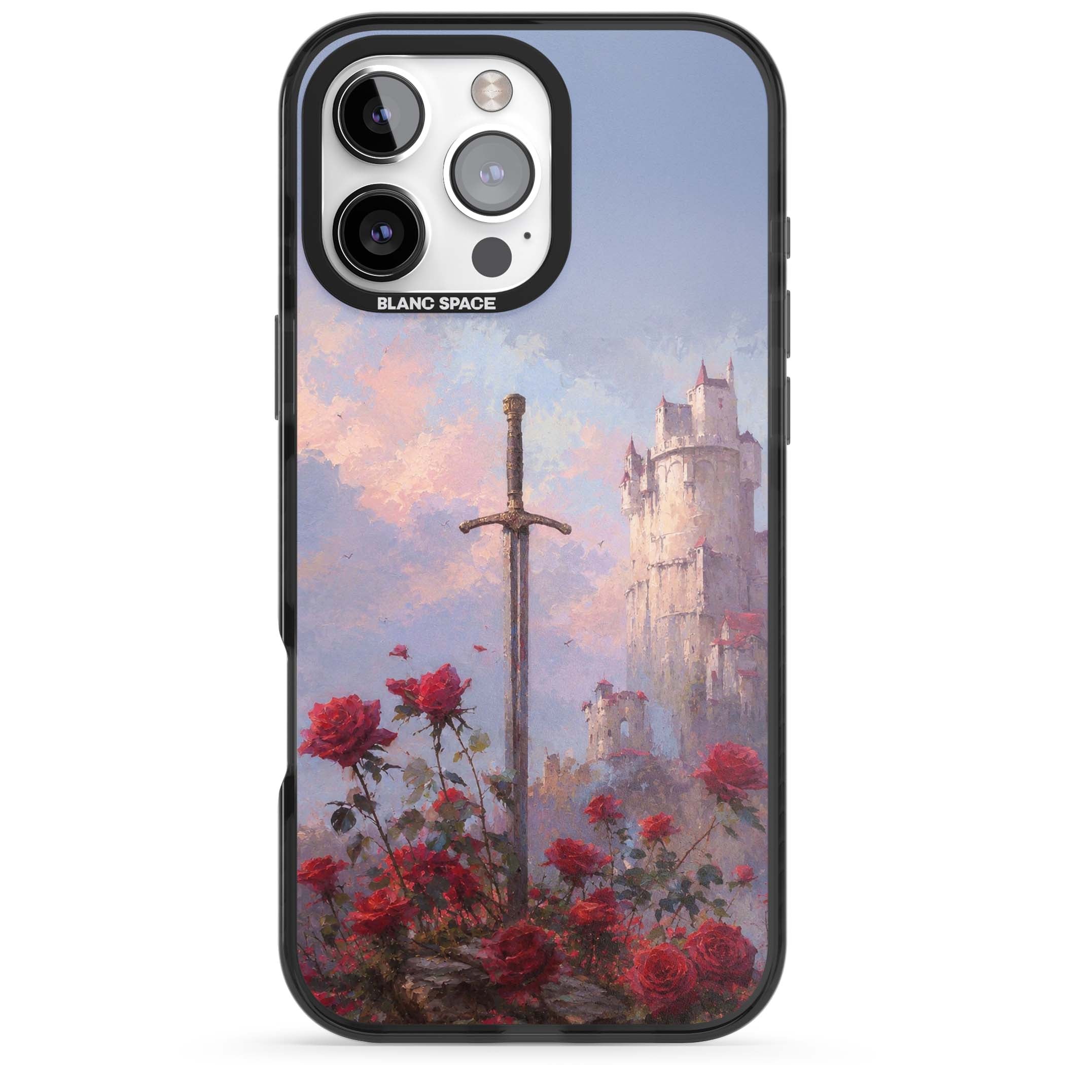 Sword in Roses medieval art iPhone case featuring a sword, red roses, and a misty fairytale castle at sunset | Black Impact Magsafe case for iPhone 16 Pro, iPhone 16 Pro Max