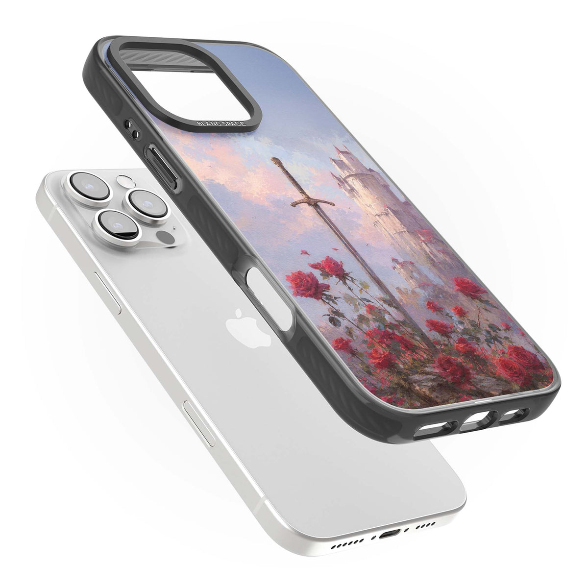 Sword in Roses medieval art iPhone case featuring a sword, red roses, and a misty fairytale castle at sunset | Black Impact Magsafe case for iPhone 16 Pro, iPhone 16 Pro Max
