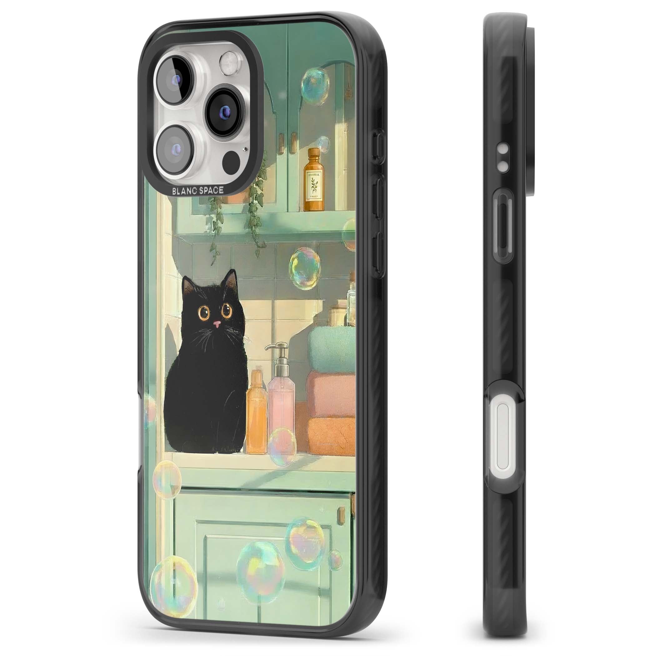 Bathroom Bubble Kitty cottagecore iPhone case featuring a black cat, mint bathroom scene and floating soap bubbles | Black Impact Magsafe case for iPhone 16 Pro, iPhone 16 Pro Max