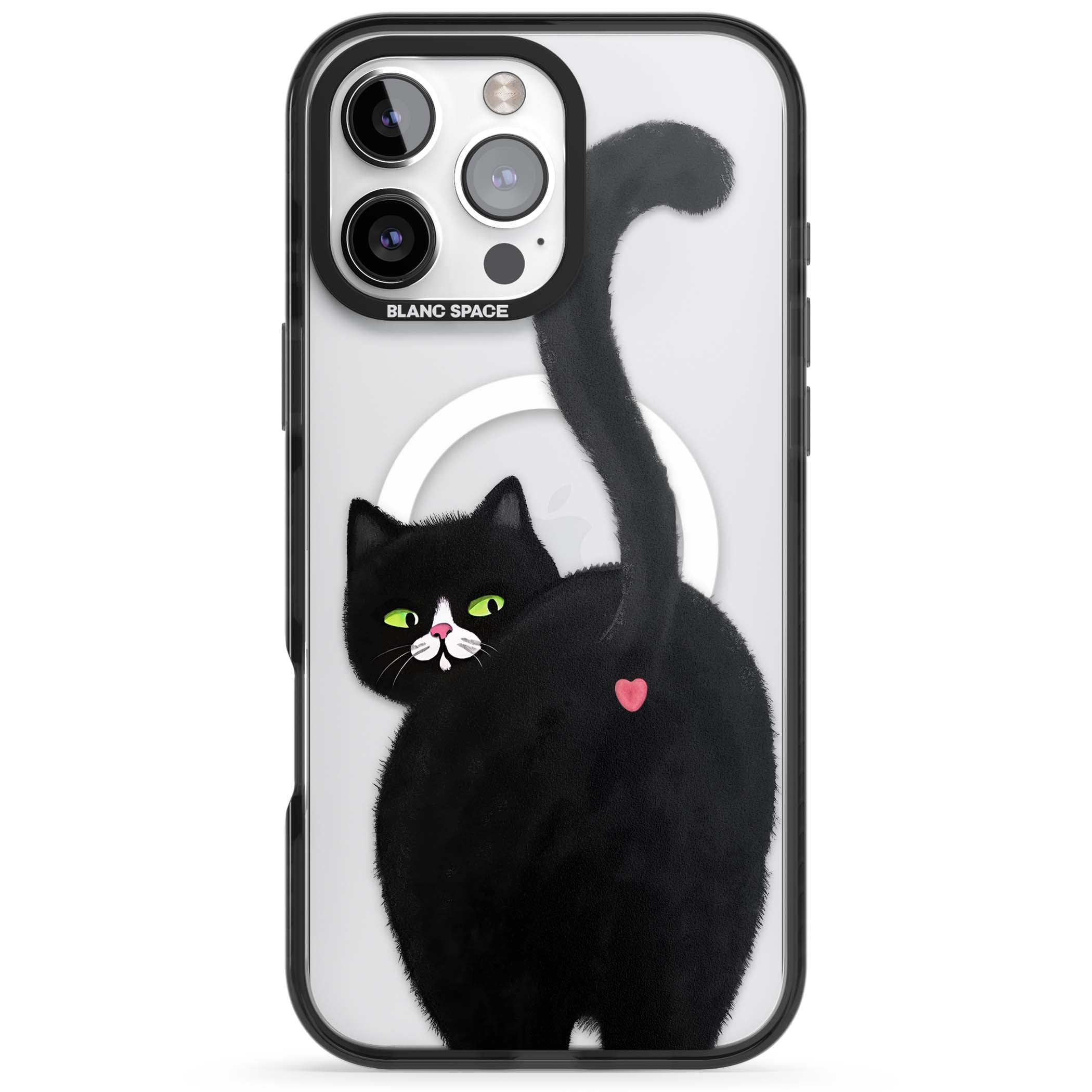 The Cat's Kiss cute cat iPhone case featuring a hand-painted tuxedo kitty with green eyes and a pink heart on a clear | Black Impact Magsafe case for iPhone 16 Pro, iPhone 16 Pro Max