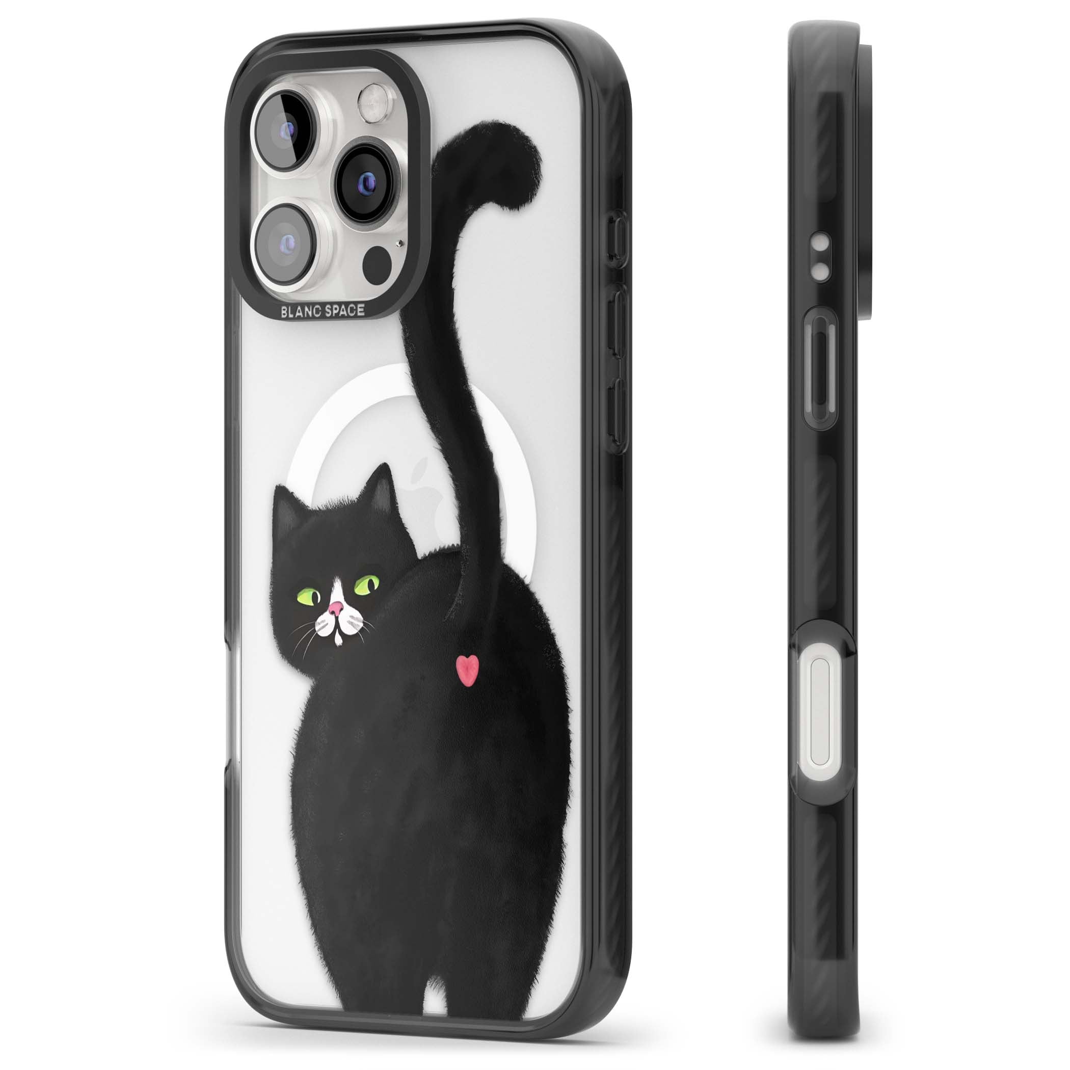 The Cat's Kiss cute cat iPhone case featuring a hand-painted tuxedo kitty with green eyes and a pink heart on a clear | Black Impact Magsafe case for iPhone 16 Pro, iPhone 16 Pro Max