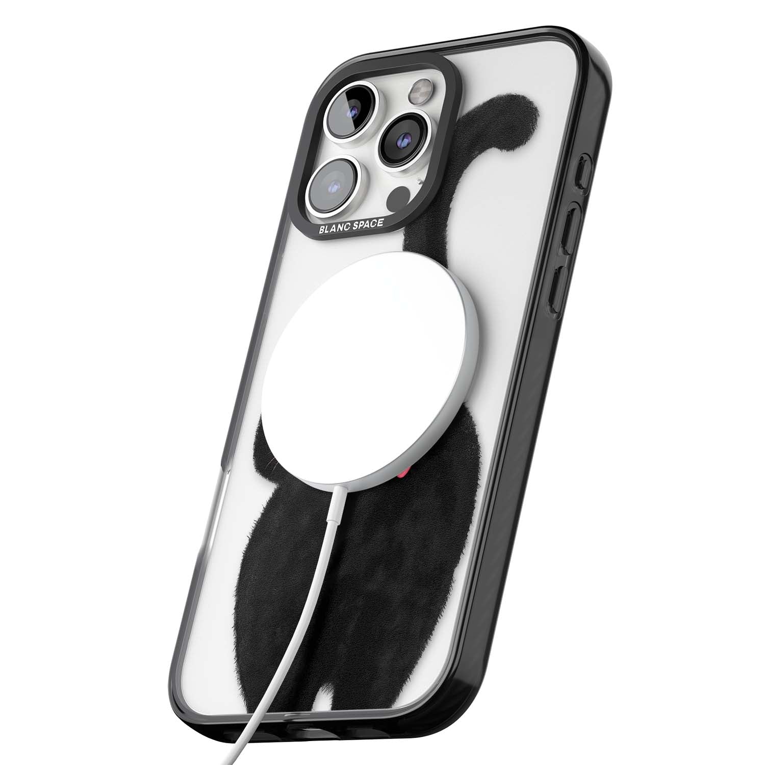 The Cat's Kiss cute cat iPhone case featuring a hand-painted tuxedo kitty with green eyes and a pink heart on a clear | Black Impact Magsafe case for iPhone 16 Pro, iPhone 16 Pro Max
