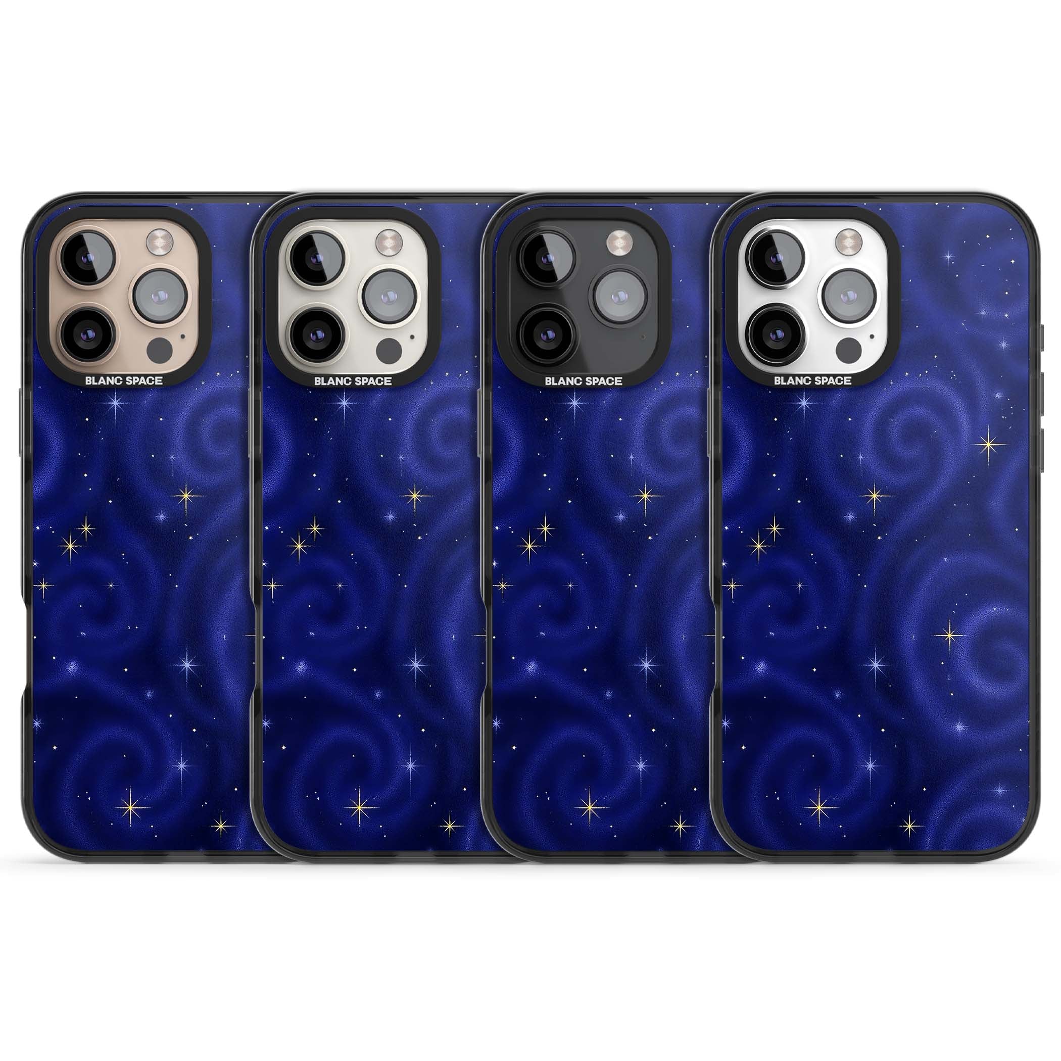 Indigo Cosmos celestial iPhone case featuring swirling navy night sky and sparkling golden stars | Black Impact Magsafe case for iPhone 16 Pro, iPhone 16 Pro Max
