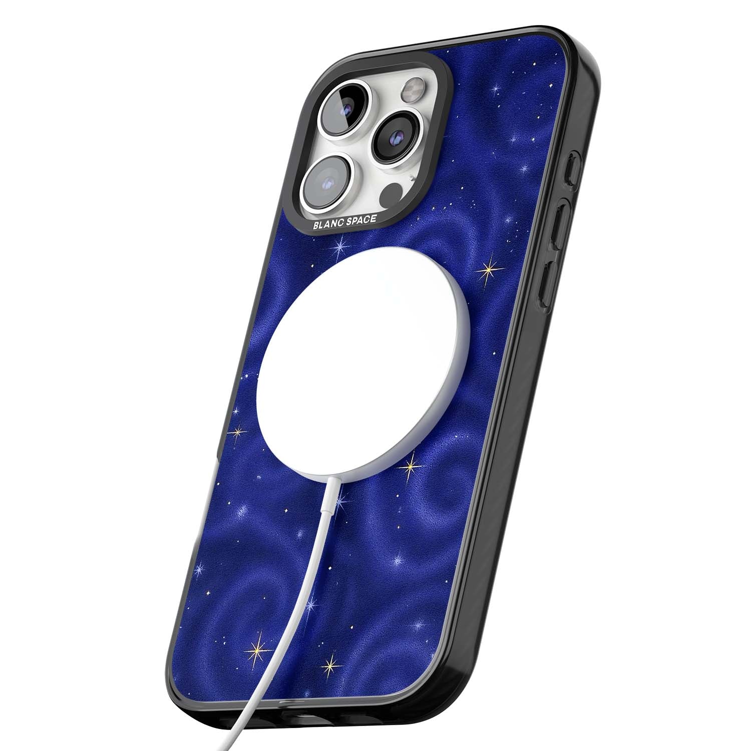 Indigo Cosmos celestial iPhone case featuring swirling navy night sky and sparkling golden stars | Black Impact Magsafe case for iPhone 16 Pro, iPhone 16 Pro Max
