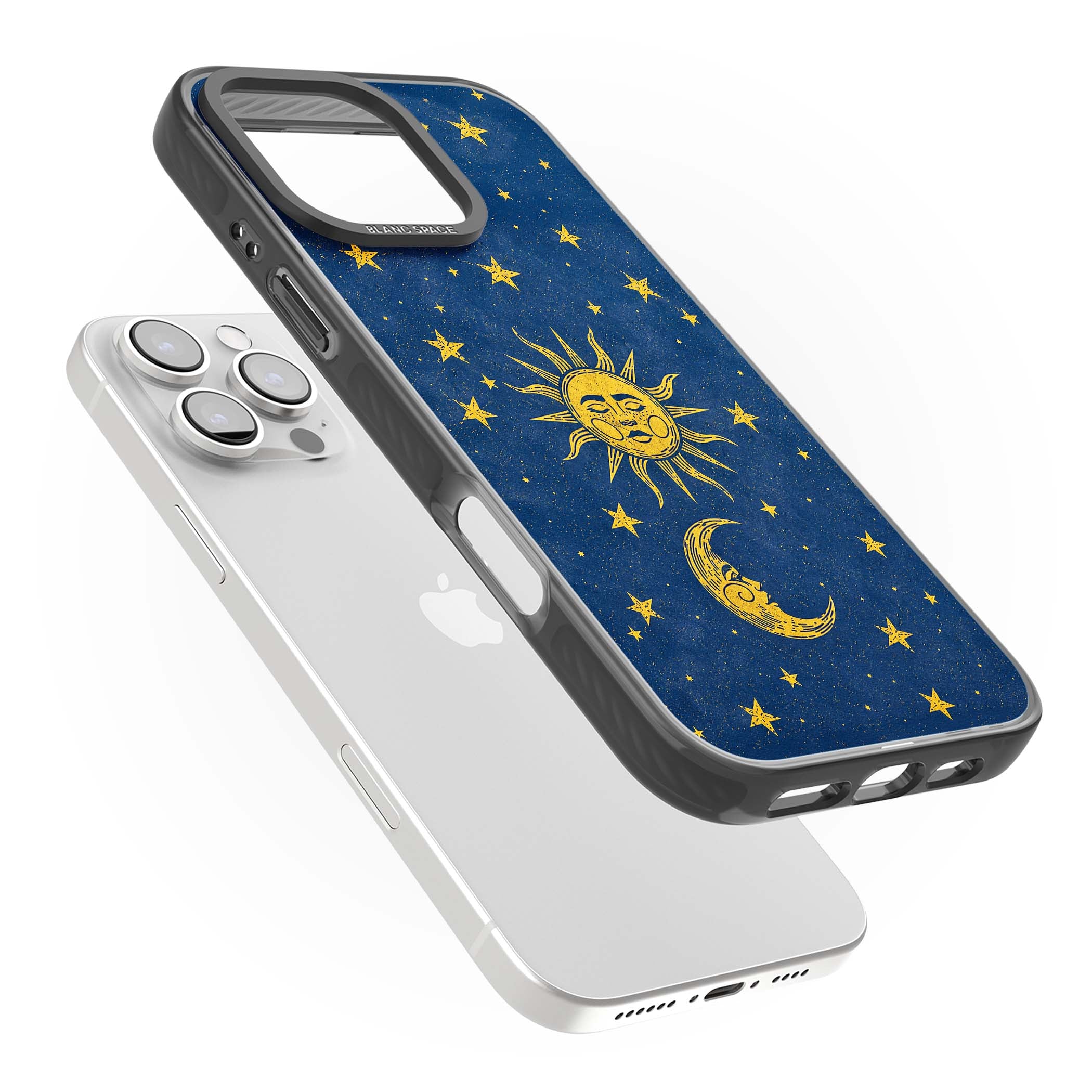 Sun & Moon Reverie celestial iPhone case featuring a vintage golden sun, crescent moon and scattered stars on midnight blue | Black Impact Magsafe case for iPhone 16 Pro, iPhone 16 Pro Max