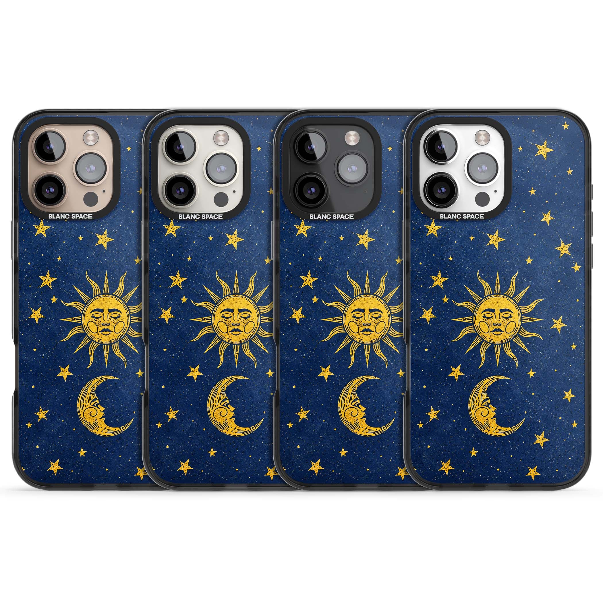 Sun & Moon Reverie celestial iPhone case featuring a vintage golden sun, crescent moon and scattered stars on midnight blue | Black Impact Magsafe case for iPhone 16 Pro, iPhone 16 Pro Max