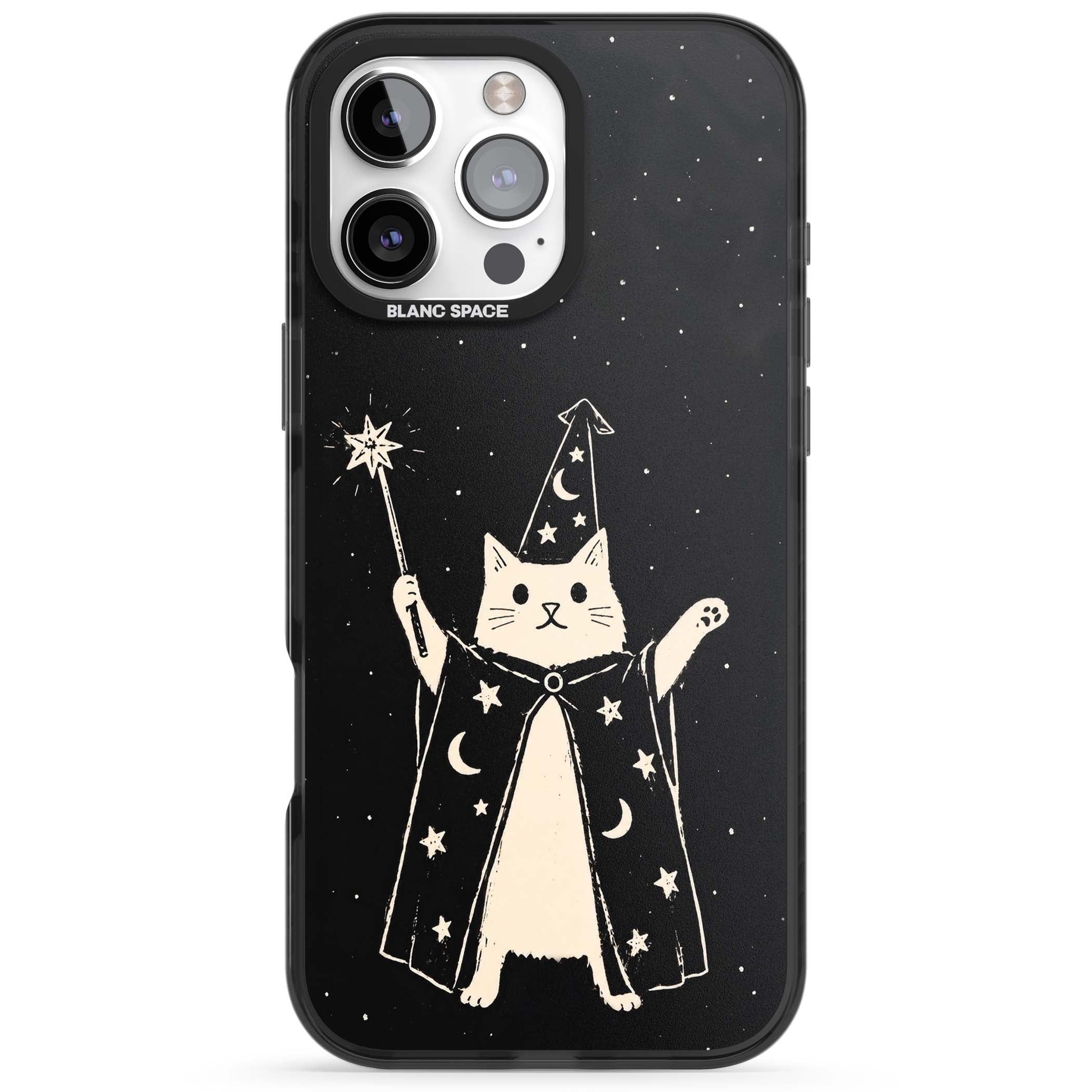 Whisker Wizard celestial cat iPhone case featuring a wizard cat with magic wand, starry night sky and crescent moons | Black Impact Magsafe case for iPhone 16 Pro, iPhone 16 Pro Max