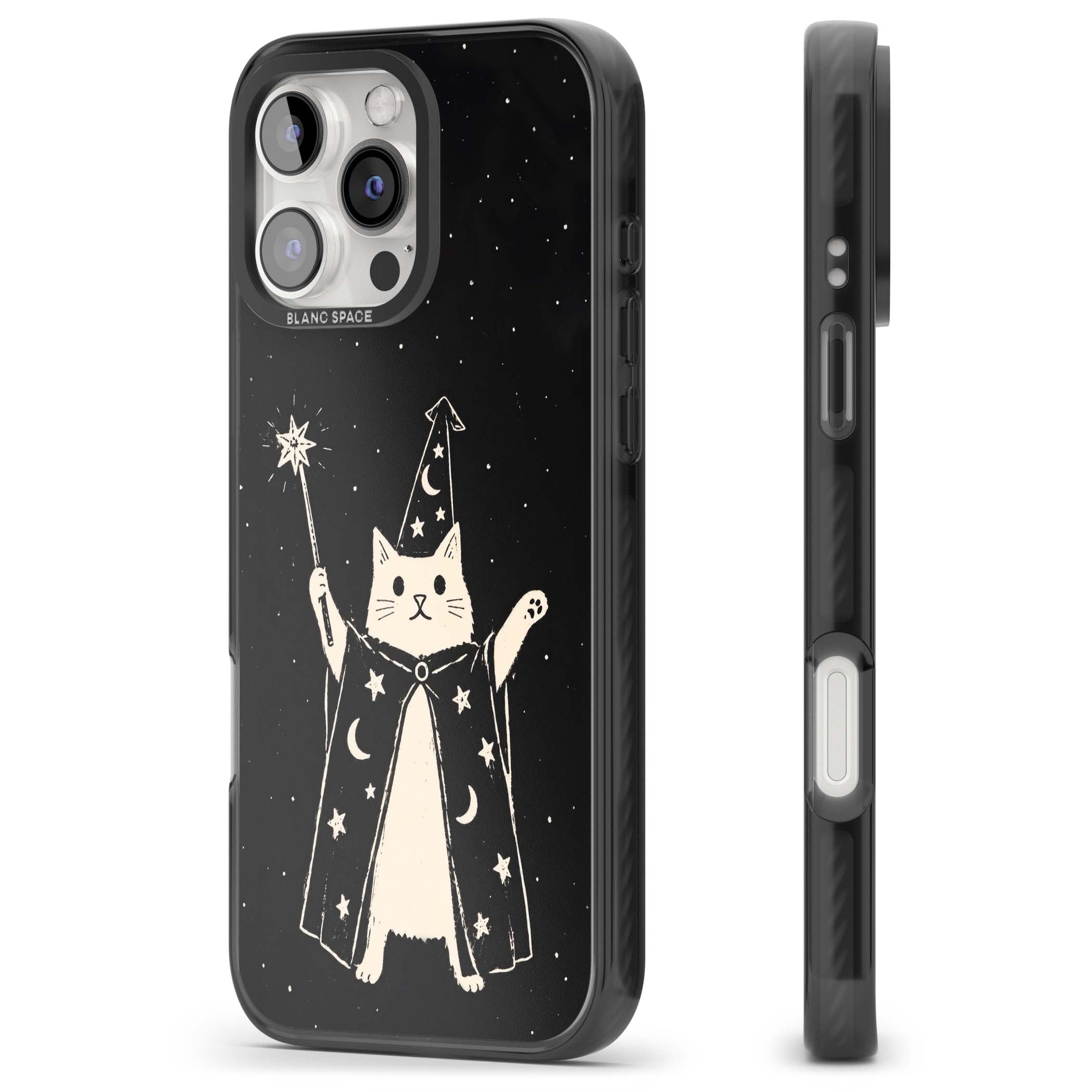 Whisker Wizard celestial cat iPhone case featuring a wizard cat with magic wand, starry night sky and crescent moons | Black Impact Magsafe case for iPhone 16 Pro, iPhone 16 Pro Max