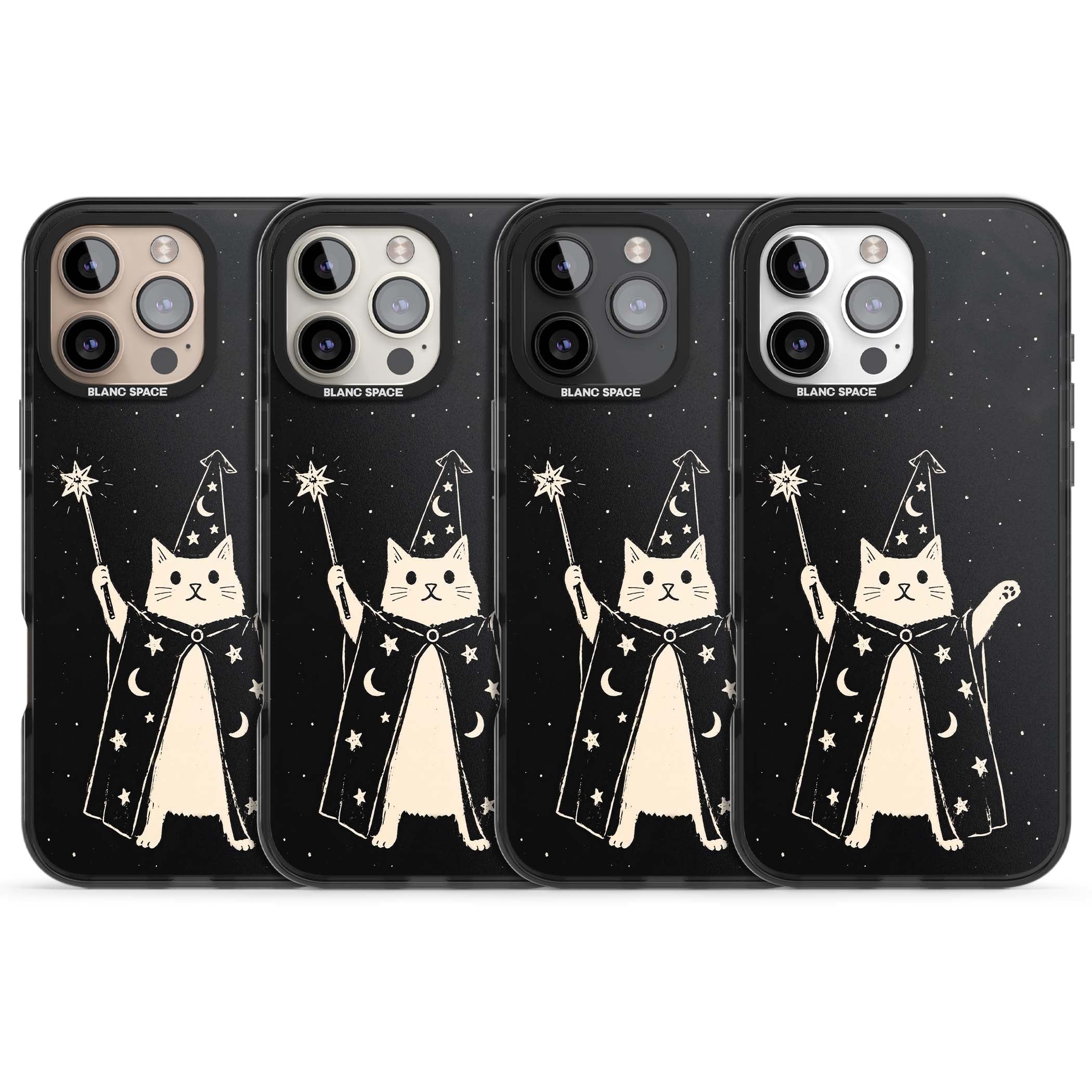Whisker Wizard celestial cat iPhone case featuring a wizard cat with magic wand, starry night sky and crescent moons | Black Impact Magsafe case for iPhone 16 Pro, iPhone 16 Pro Max