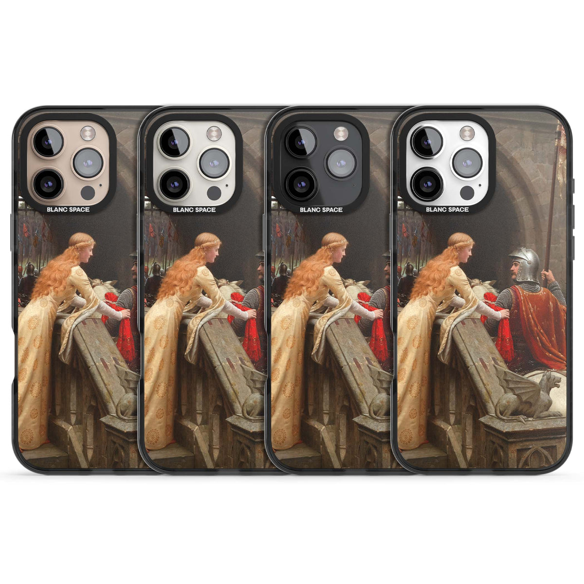God Speed fine art iPhone case featuring Edmund Blair Leighton's medieval knight and lady beneath a stone archway | Black Impact Magsafe case for iPhone 16 Pro, iPhone 16 Pro Max