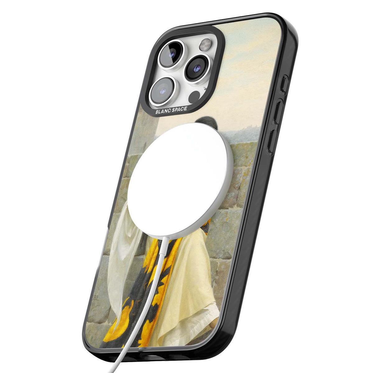 Stitching the Standard renaissance art iPhone case featuring a medieval lady sewing a golden banner on a castle wall | Black Impact Magsafe case for iPhone 16 Pro, iPhone 16 Pro Max