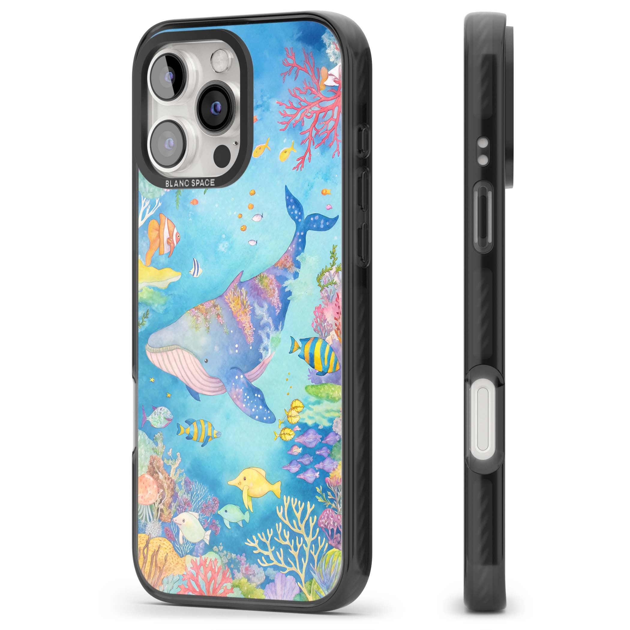 Coral Lagoon ocean iPhone case featuring a watercolour whale, coral reef and tropical fish | Black Impact Magsafe case for iPhone 16 Pro, iPhone 16 Pro Max