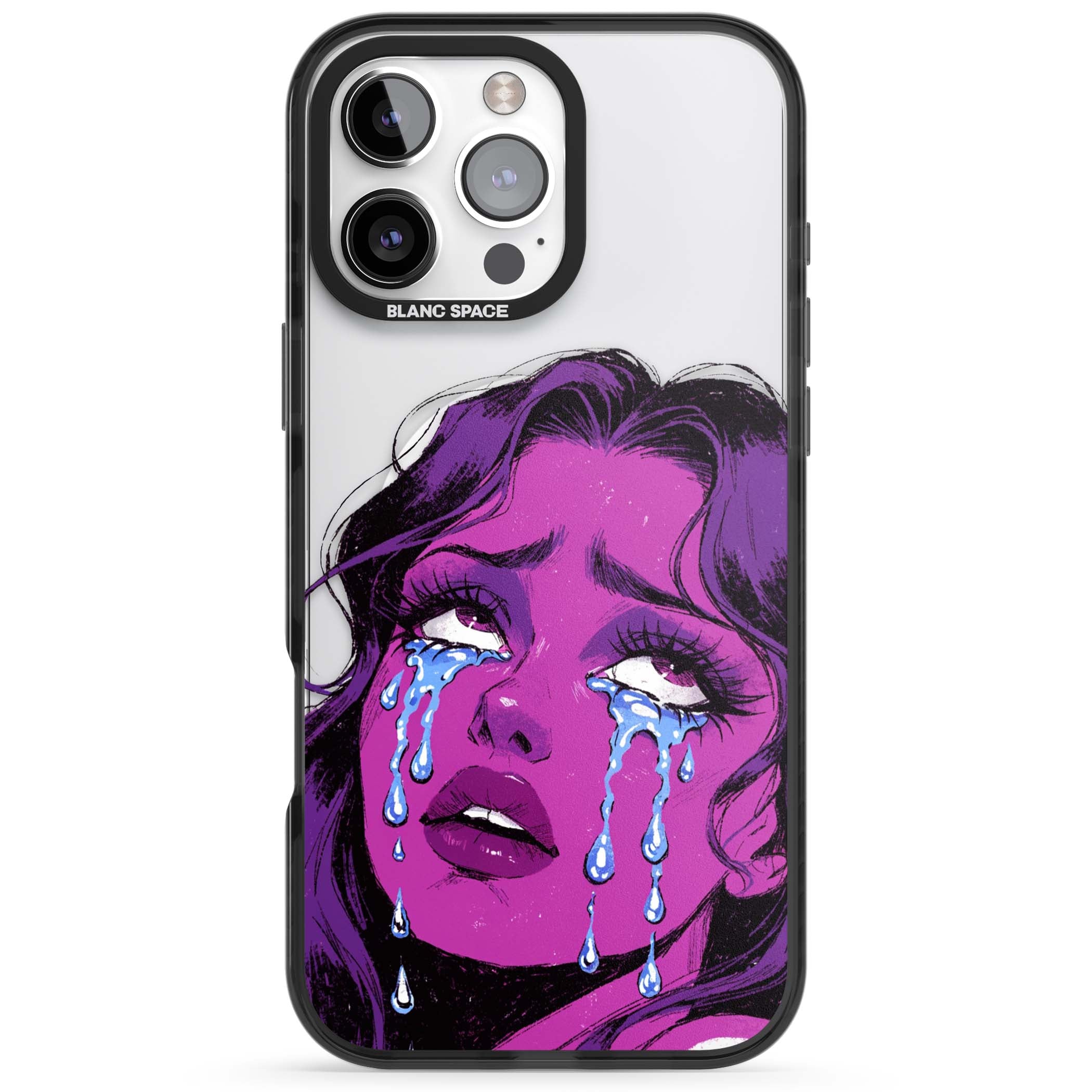 Drama Queen pop art iPhone case featuring a purple crying comic girl with blue tears | Black Impact Magsafe case for iPhone 16 Pro, iPhone 16 Pro Max