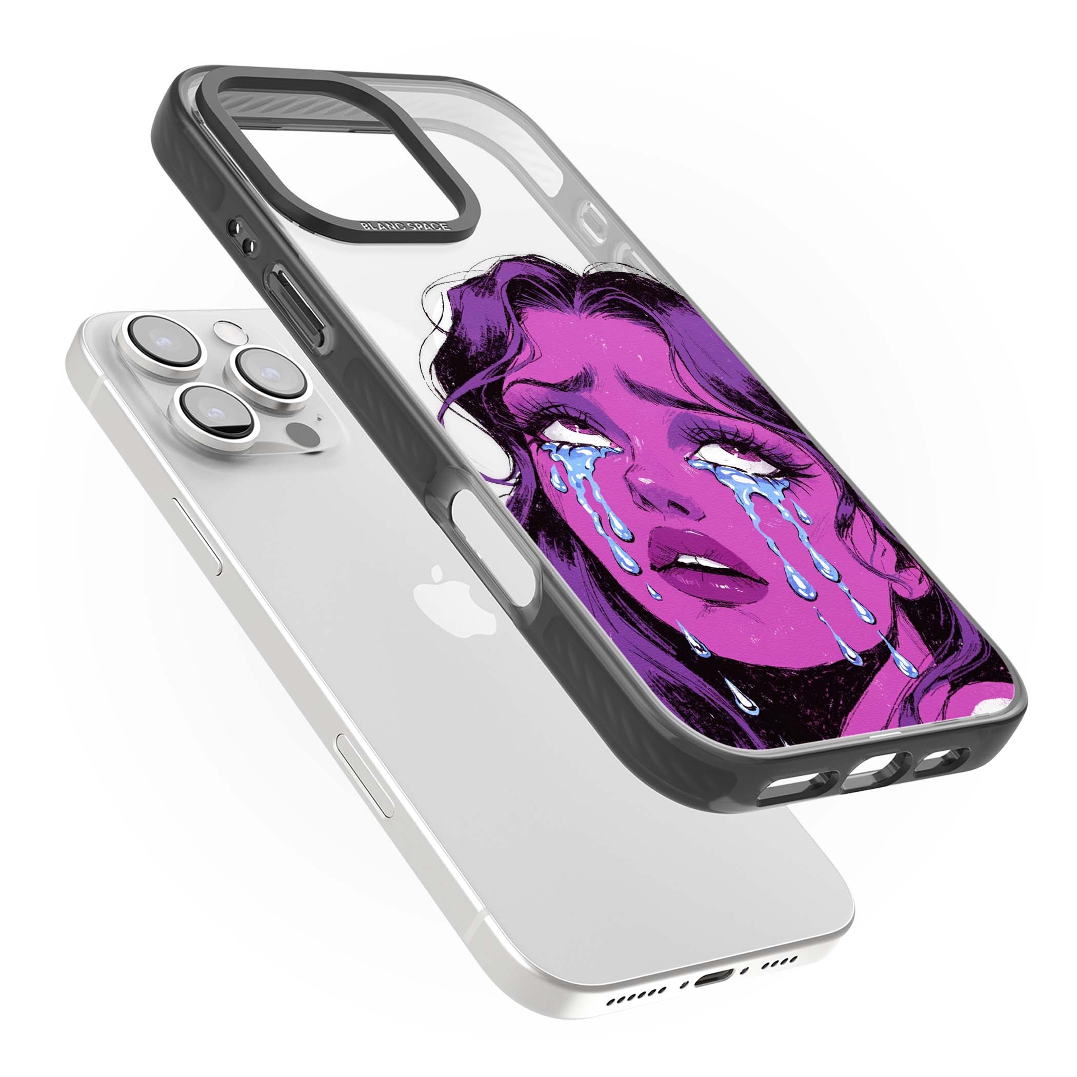 Drama Queen pop art iPhone case featuring a purple crying comic girl with blue tears | Black Impact Magsafe case for iPhone 16 Pro, iPhone 16 Pro Max