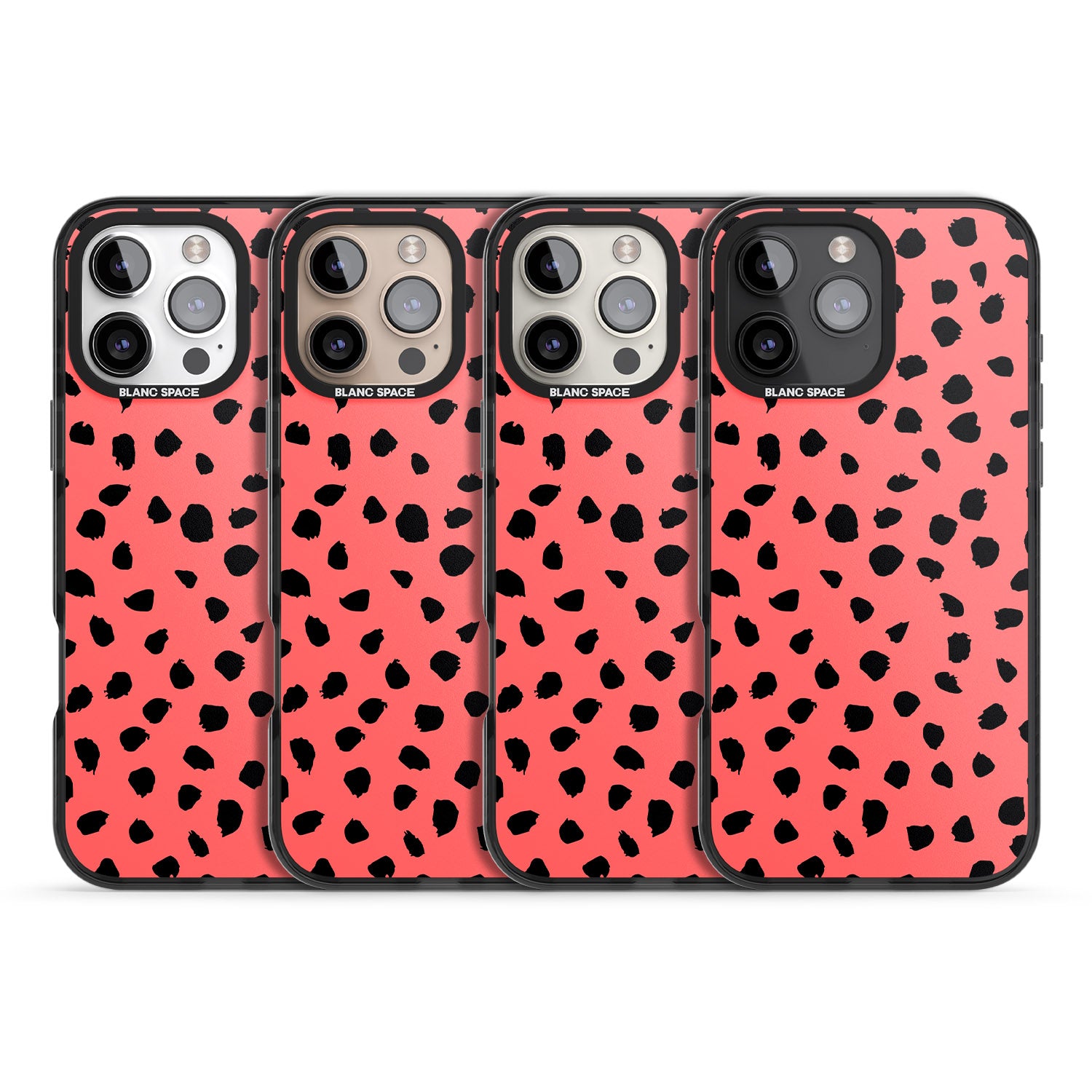 iPhone 16 Pro Max Black on Salmon Pink Dalmatian Polka Dot Spots Black Impact Phone Case