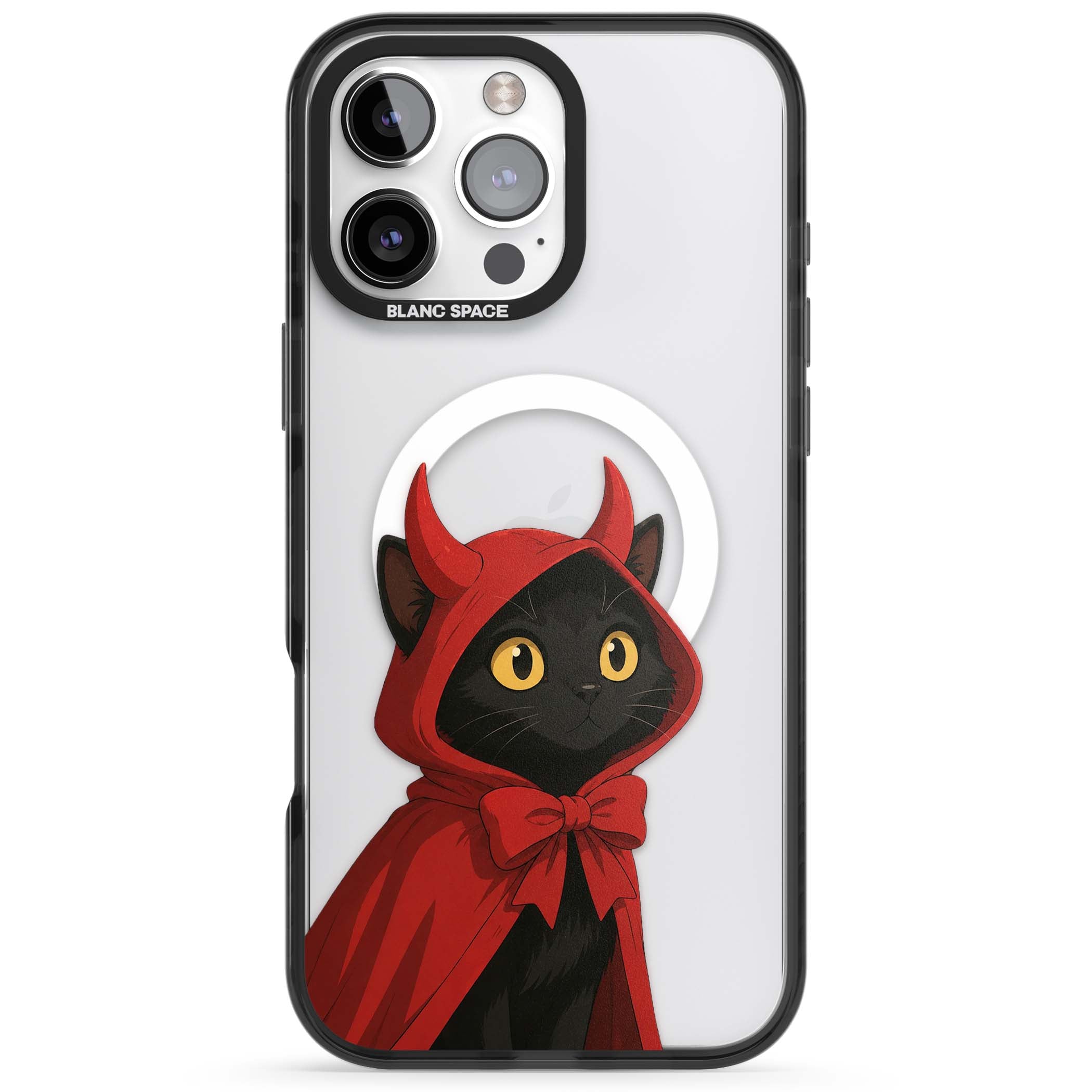 Little Devil halloween iPhone case featuring a black cat in a red hooded devil cloak with horns and golden eyes | Black Impact Magsafe case for iPhone 16 Pro, iPhone 16 Pro Max