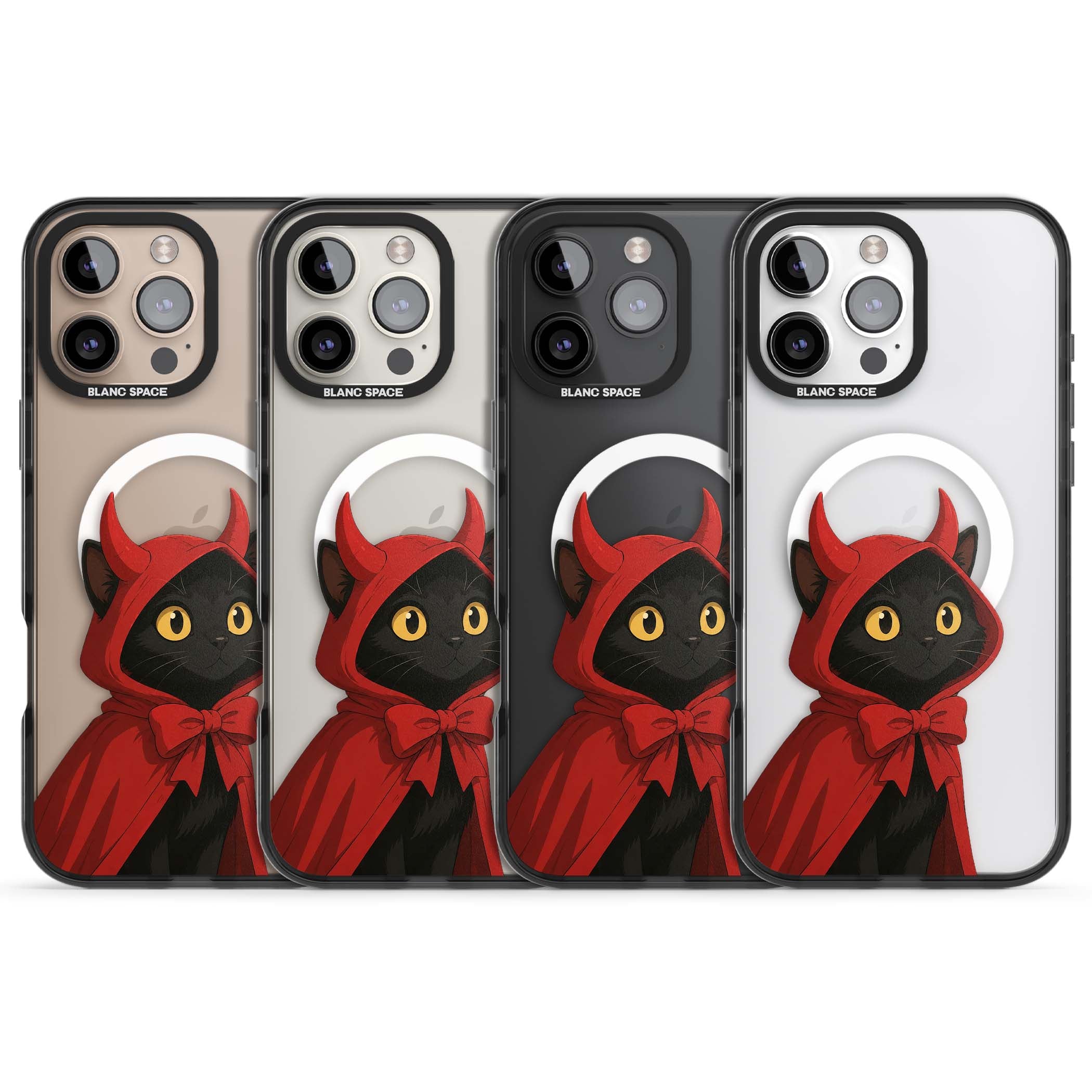 Little Devil halloween iPhone case featuring a black cat in a red hooded devil cloak with horns and golden eyes | Black Impact Magsafe case for iPhone 16 Pro, iPhone 16 Pro Max