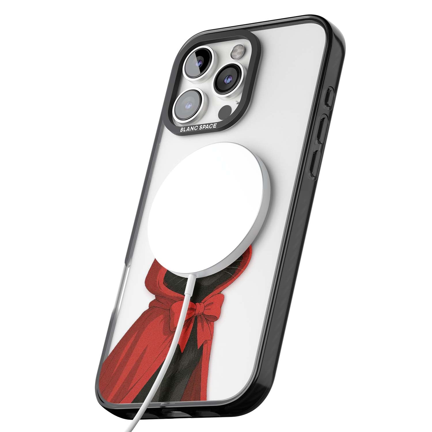 Little Devil halloween iPhone case featuring a black cat in a red hooded devil cloak with horns and golden eyes | Black Impact Magsafe case for iPhone 16 Pro, iPhone 16 Pro Max